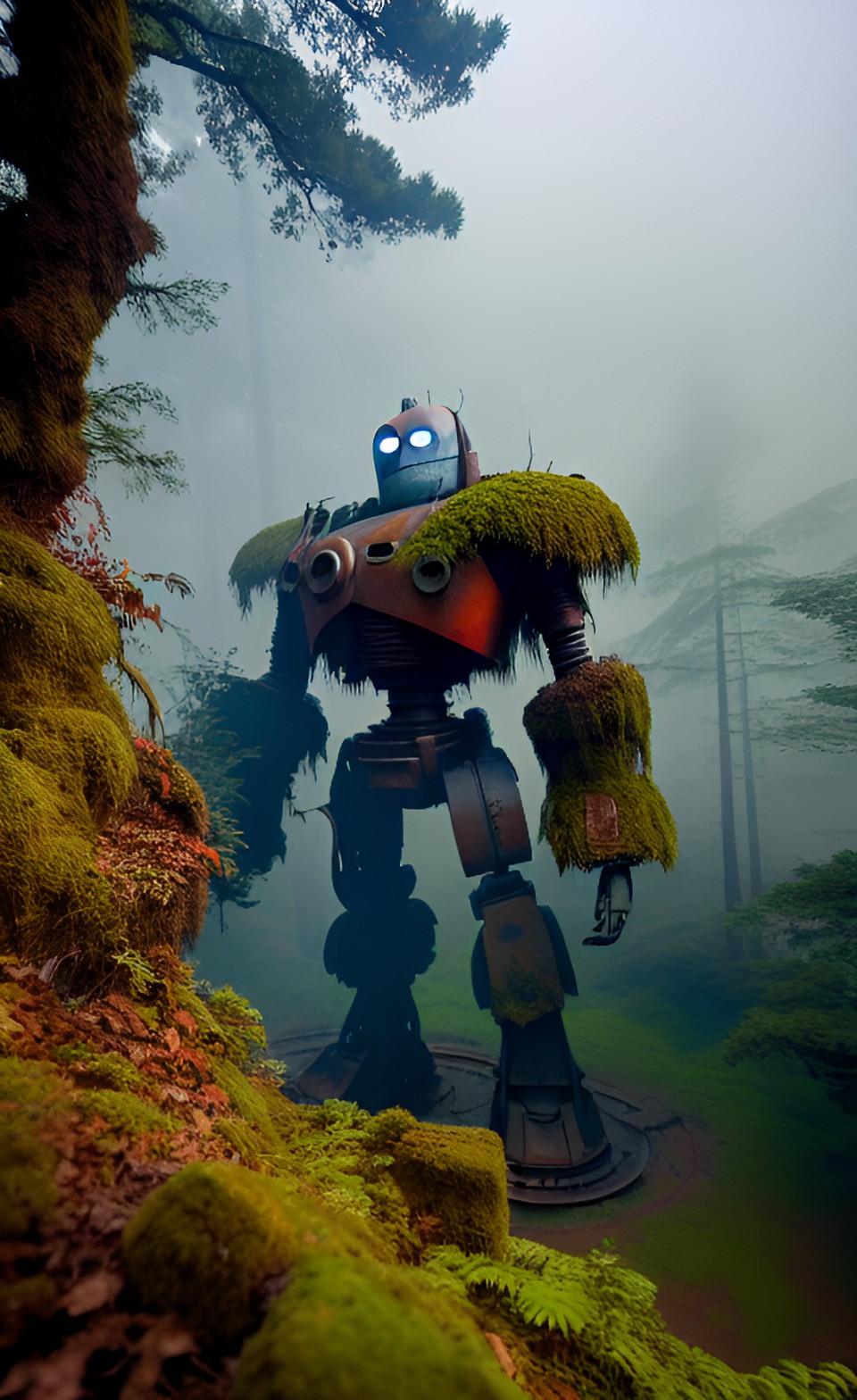 Iron Giant, Forgotten - the iron giant rusting, decaying, and overgrown with moss,forest,lorax,morning light,misty,viewed from above,frazetta preview