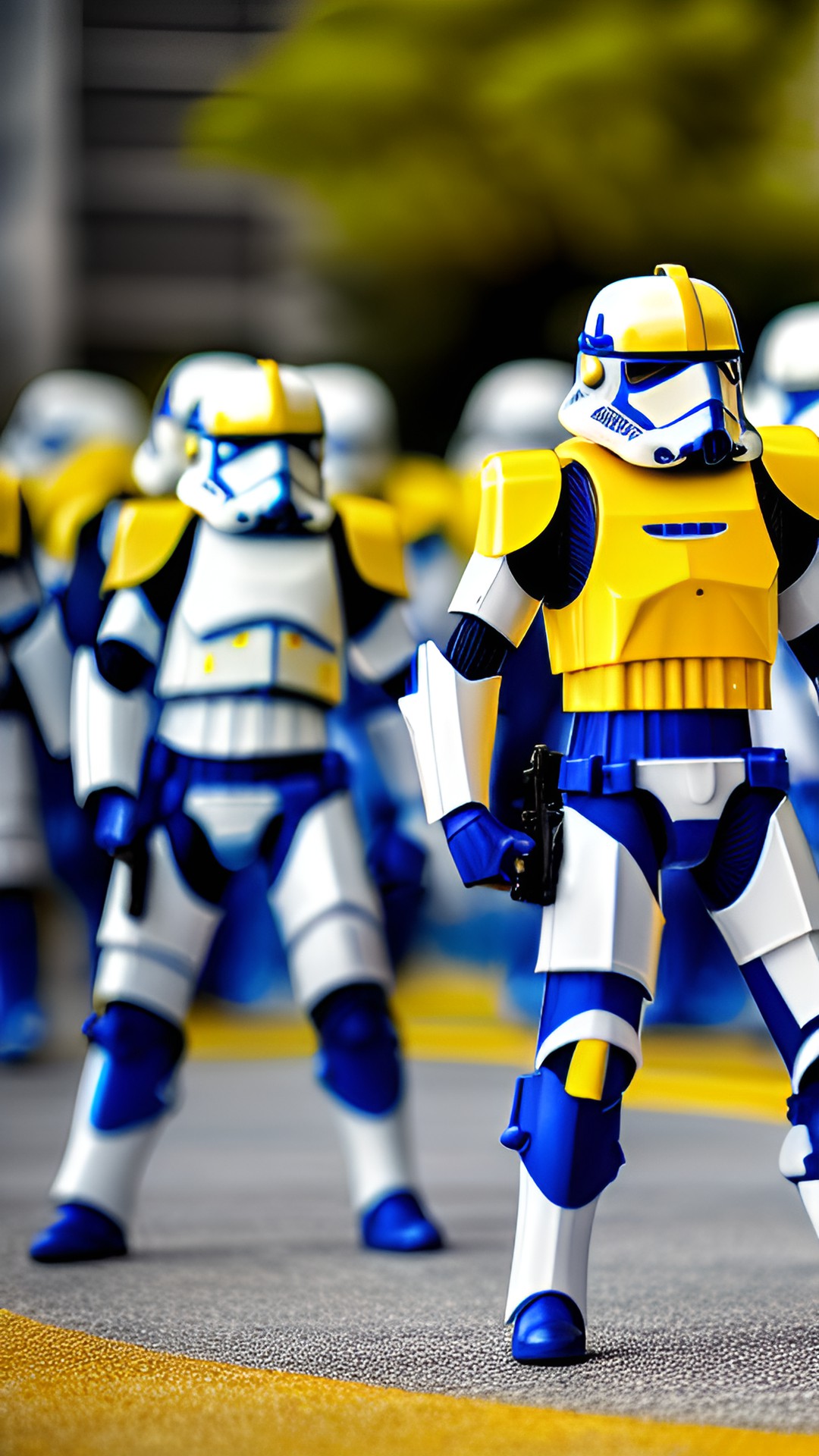 blue and yellow and white storm troopers  - a legion of blue, yellow, and white storm troopers marching in formation, their sleek armor reflecting the lights of a futuristic city as they advance towards preview