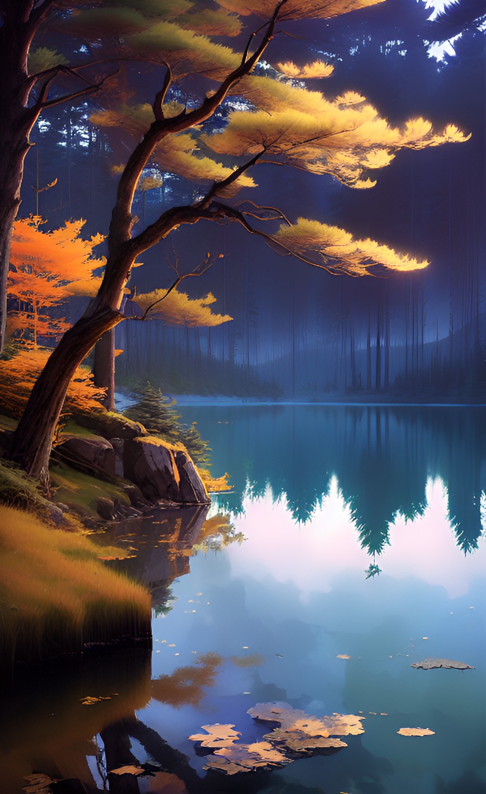 a peaceful landscape with the sky reflected by a lake, pine trees, art by makoto shinkai, stanley artgerm lau, highly detailed, realistic preview