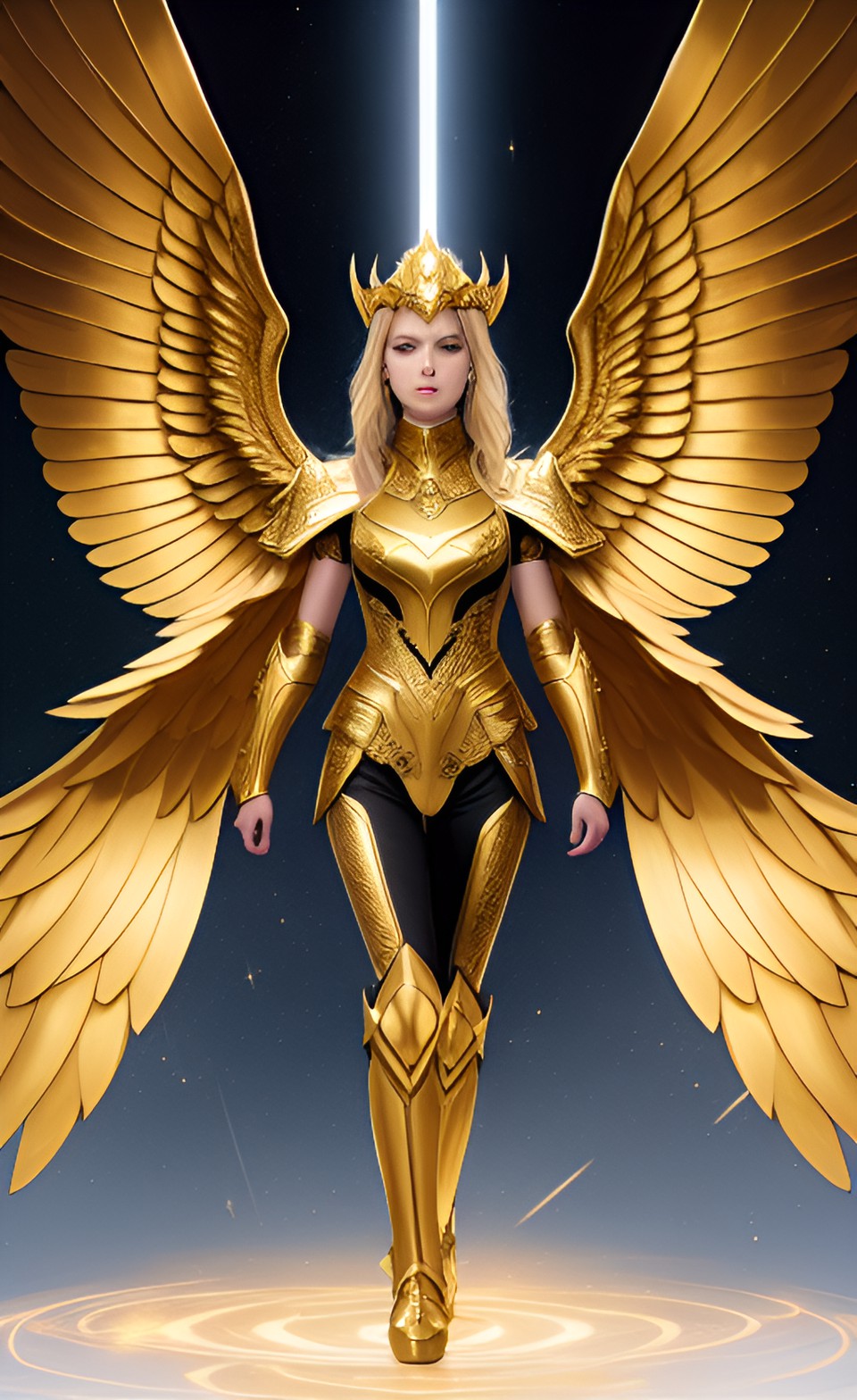 a woman in a golden armor with open wings in the back, a long weapon in right hand, eye contact, floating in the air, ora , 8k preview