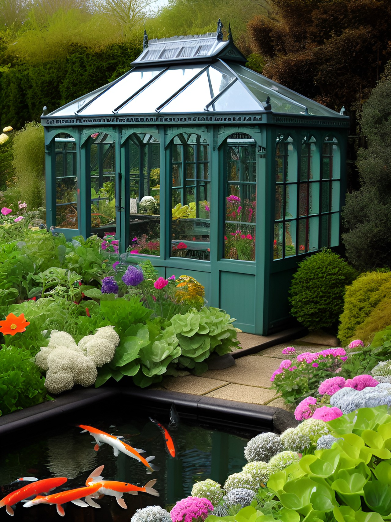 large victorian greenhouse with flowering plants and a koi pond preview