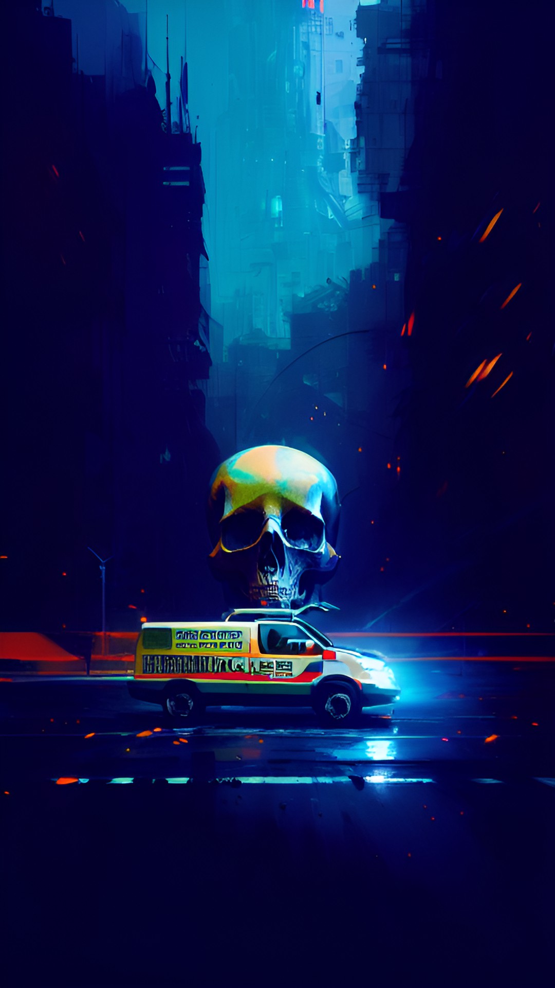 ambulance in the distance, death skull, car accident preview