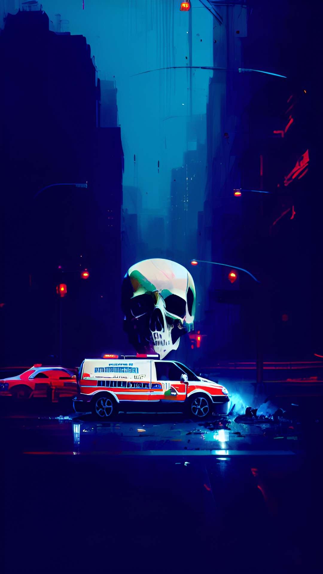 ambulance in the distance, death skull, car accident preview