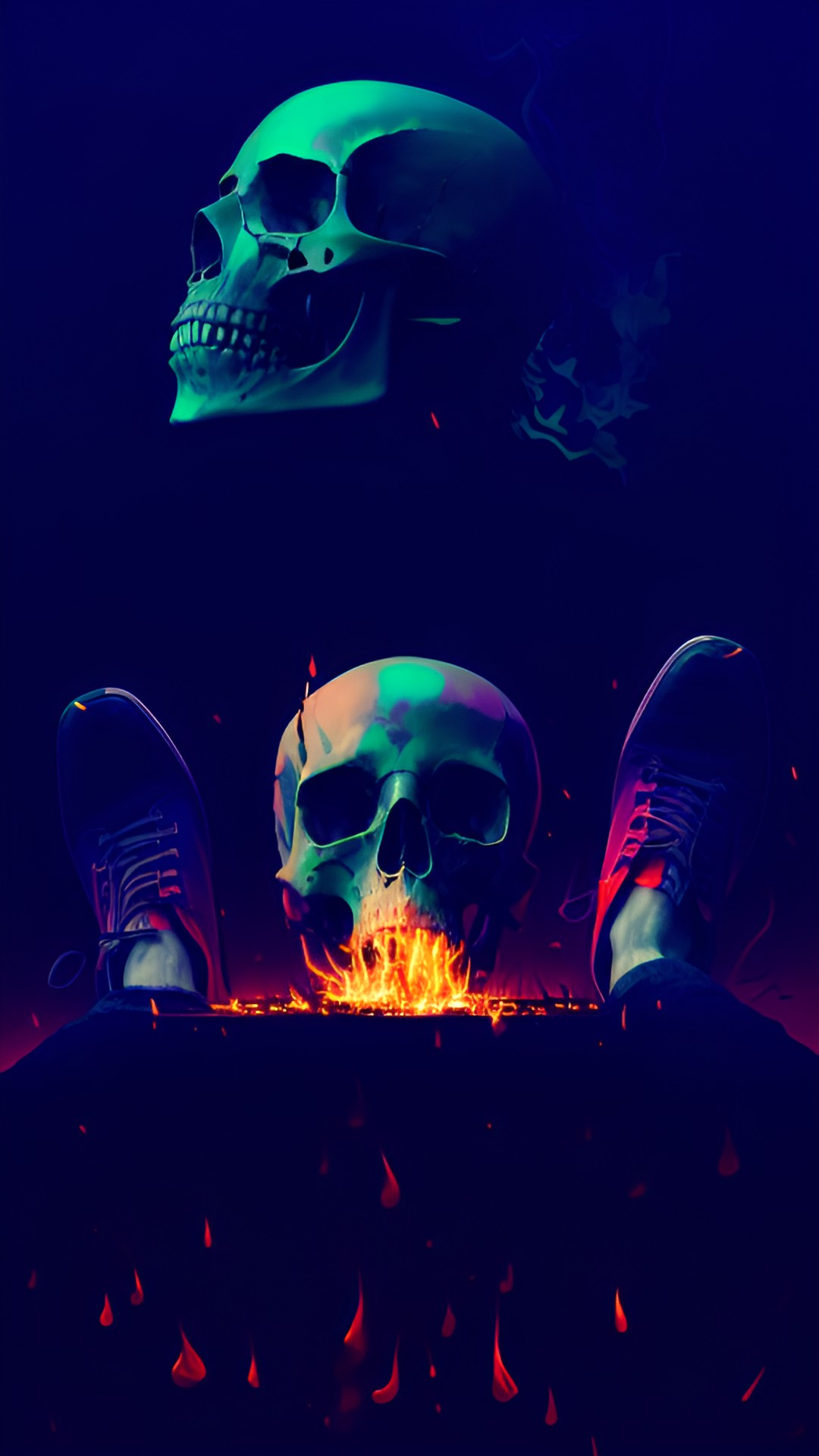 human feet on fire, flames on feet, feet burning, death skull preview