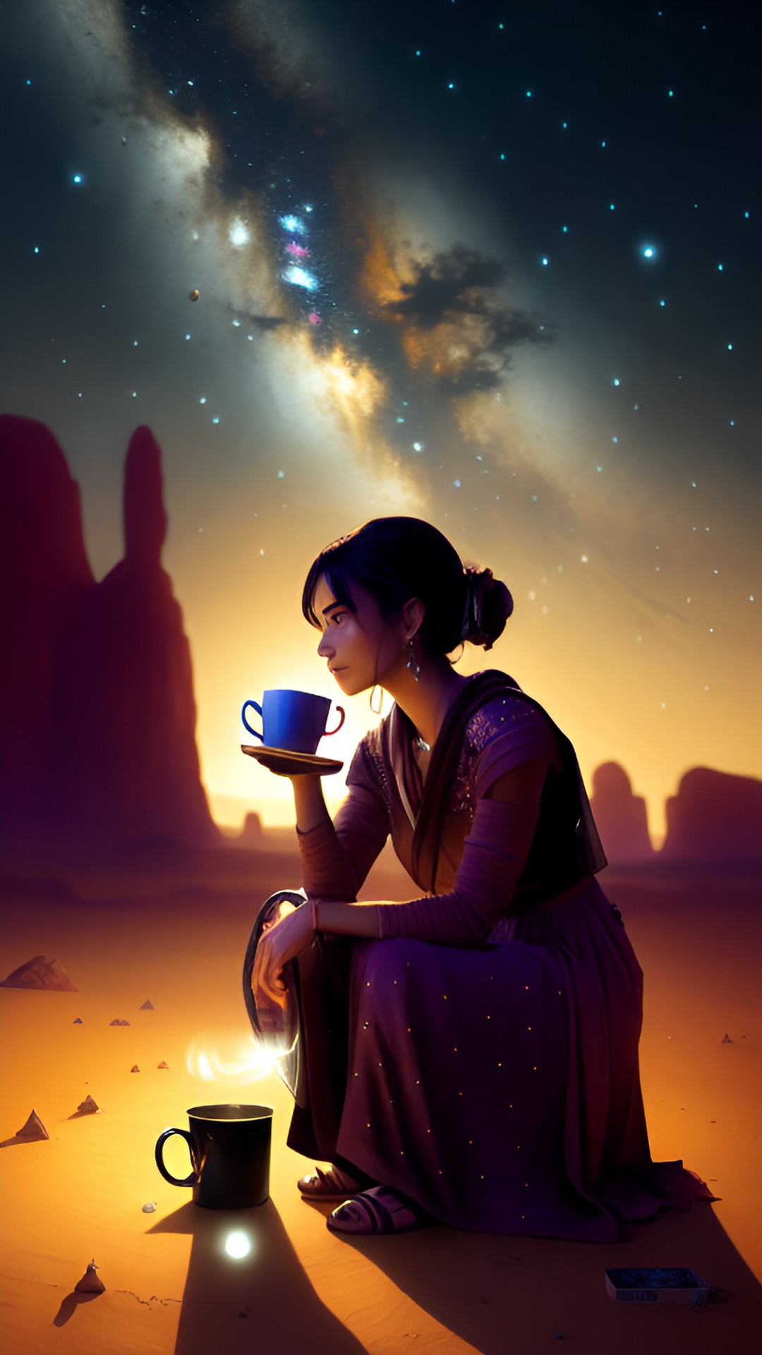 Knowledge is Vast - fortuneteller drinking a cup of coffee in the desert at night under a starry sky preview