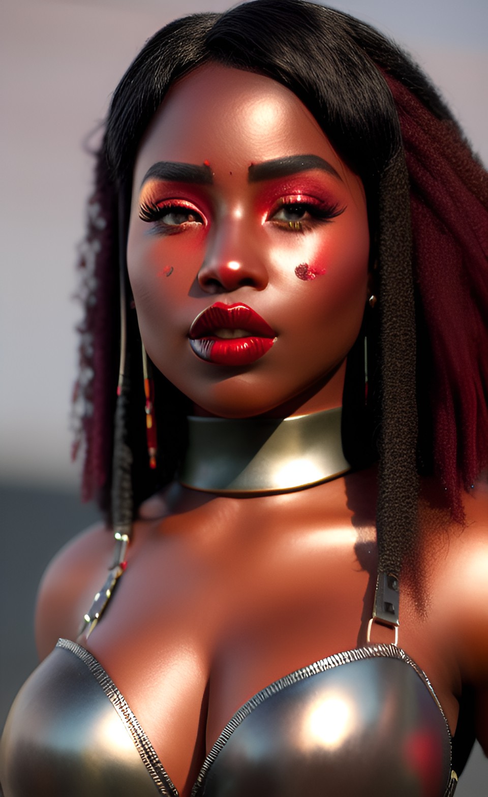 buxom warrior princess, black hair, metallic red copper skin, ruby lips, ruby cheeks, preview