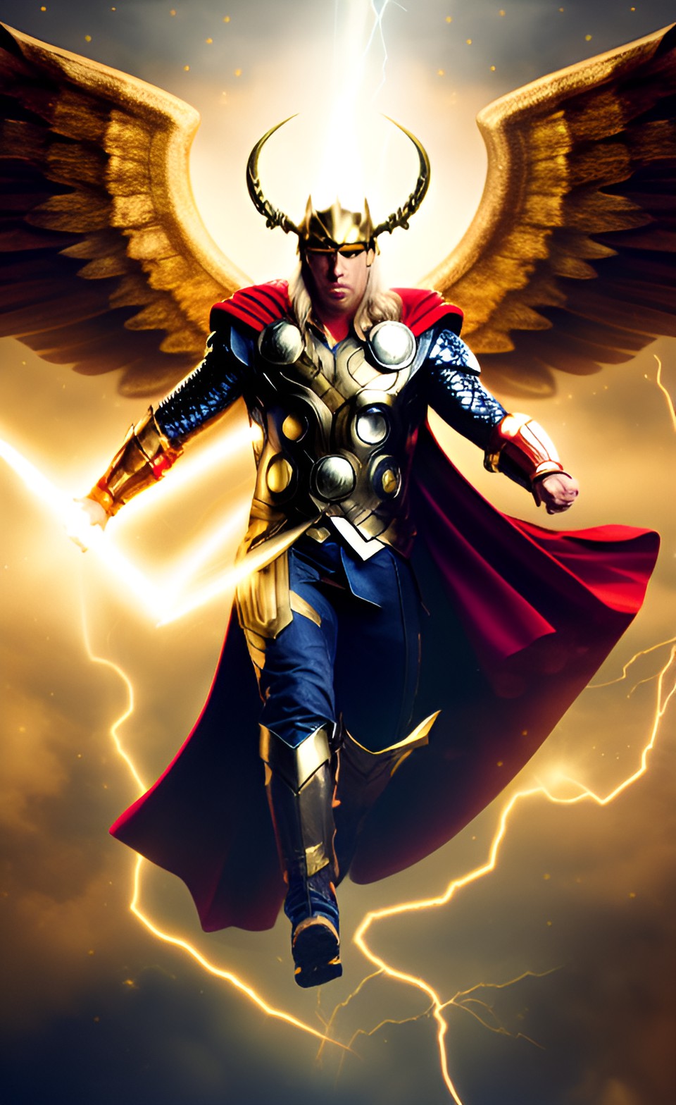 thor in gold and red ornate armor with gold wings, lightening around the hands and eyes, levitating above preview