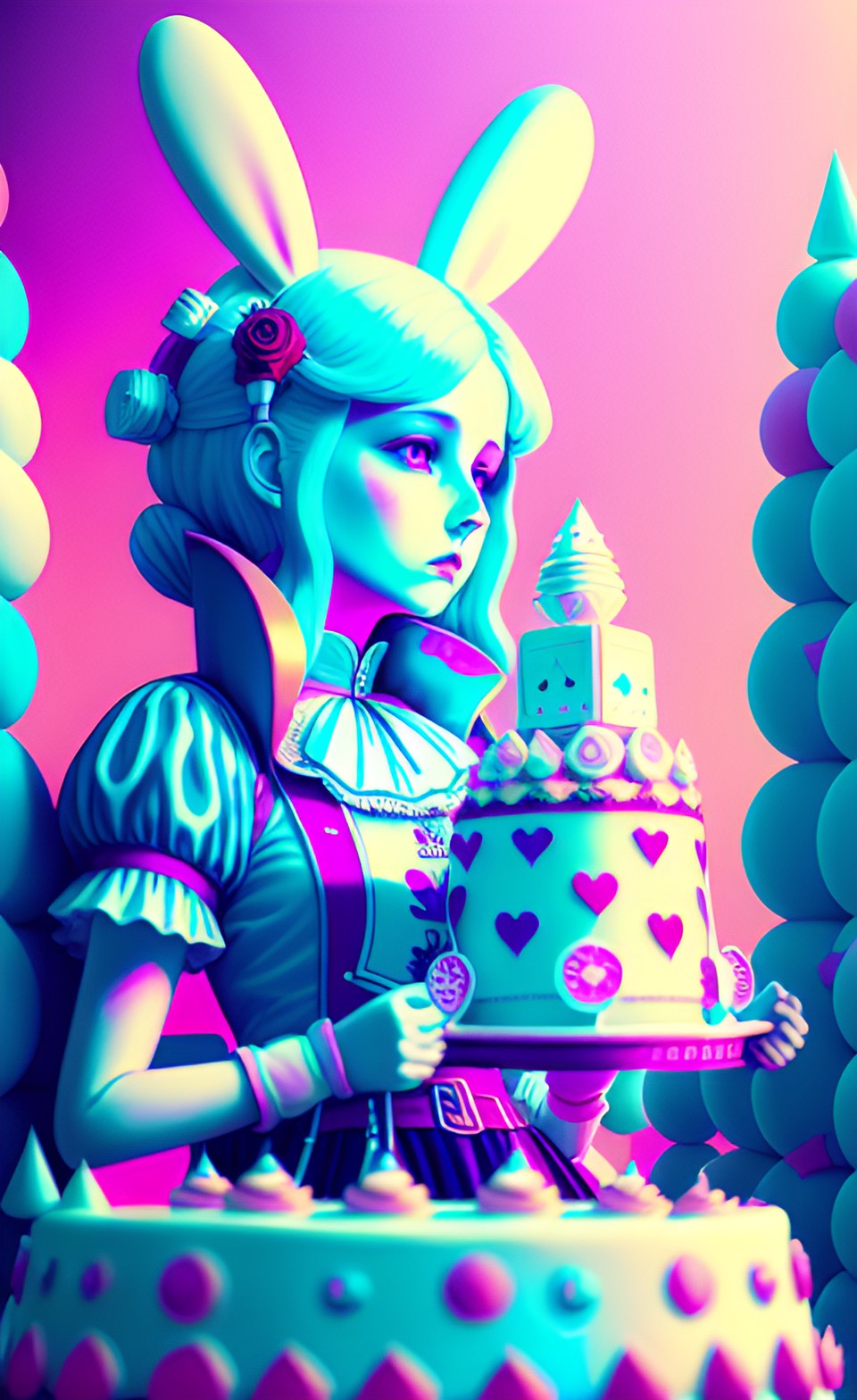 Wonder Alice - just ask alice when she's ten feet tall+wonderland+white rabbit+pills+cake+queen of hearts 128k realism dolby vision pixiv octane render uhd preview