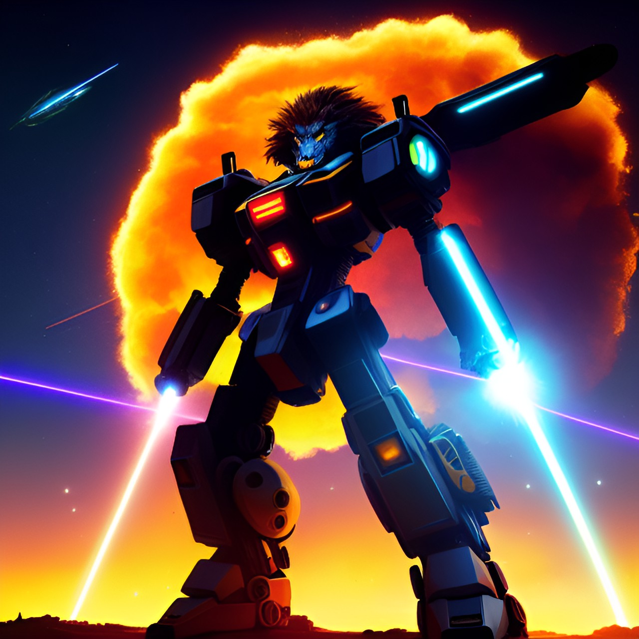 a futuristic lion mech taking place on a alien planet wit explosions and laser beams lighting up the sky preview