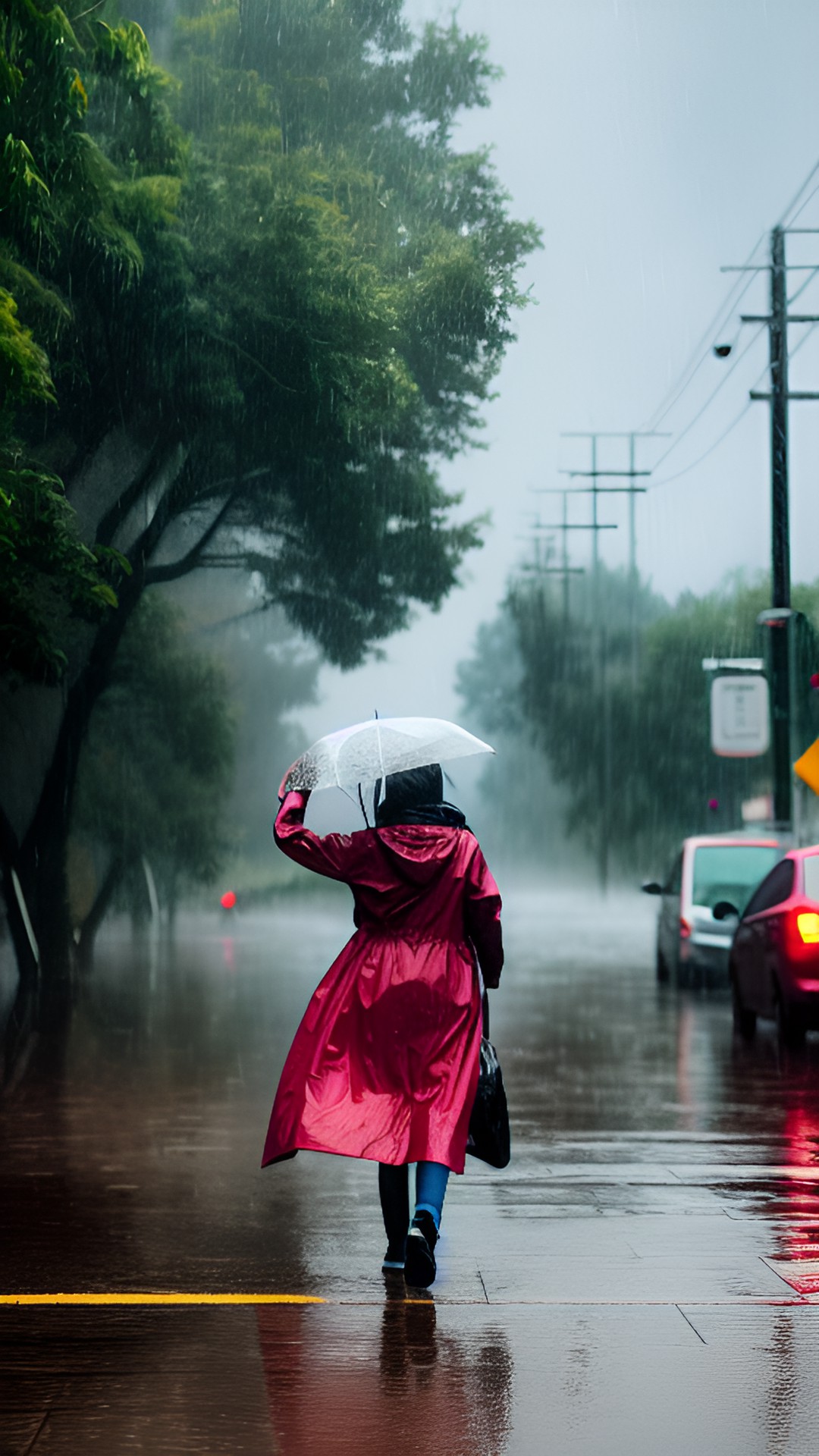 a lone figure standing in the pouring rain with a bright smile on their face, their arms raised in joy as they soak in the natural deluge. her clothing is blown by the wind and soaked preview