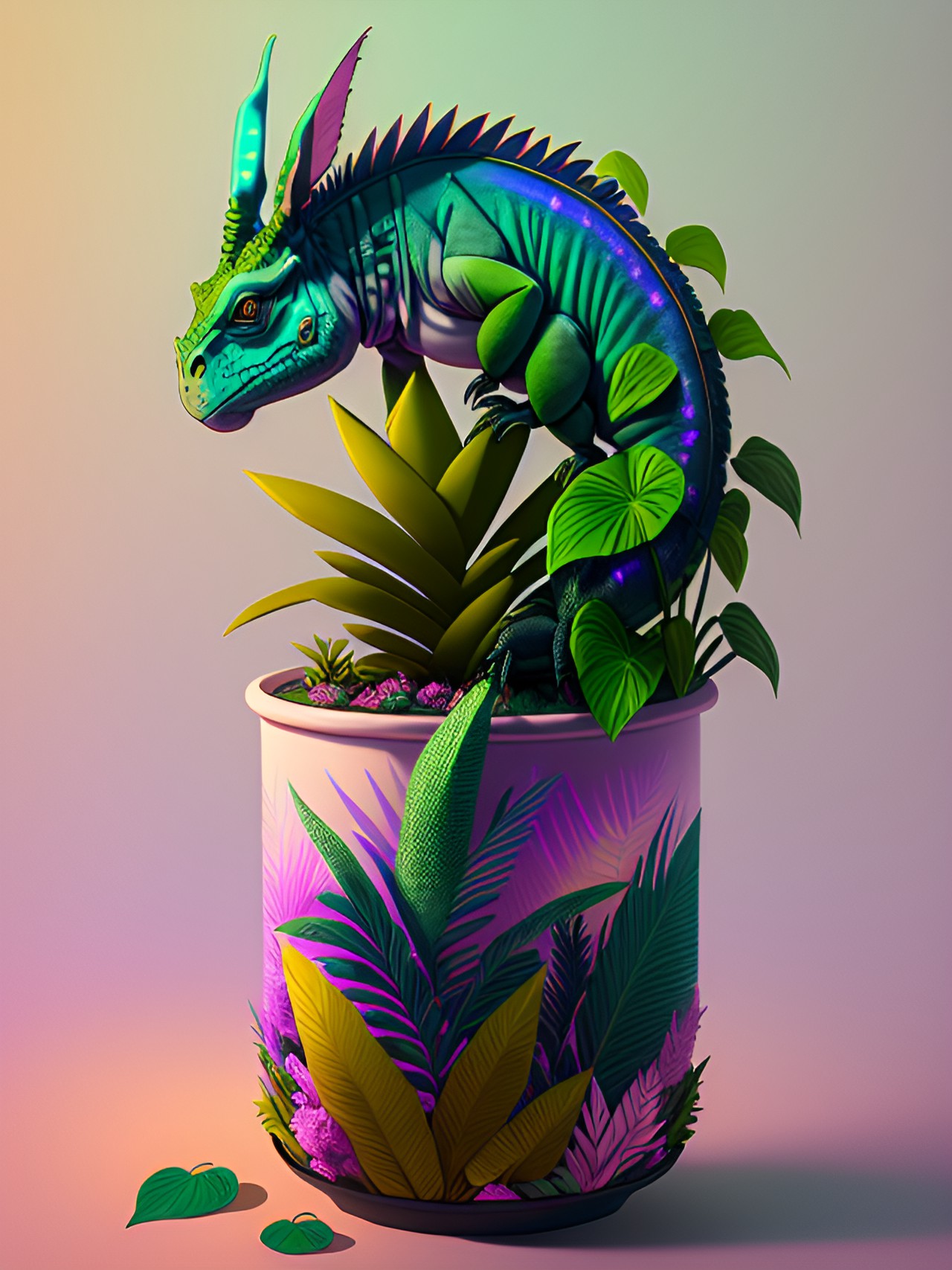 iguana donkey hybrid in a sprig of foliage poking out of a cylindrical glazed  planter preview