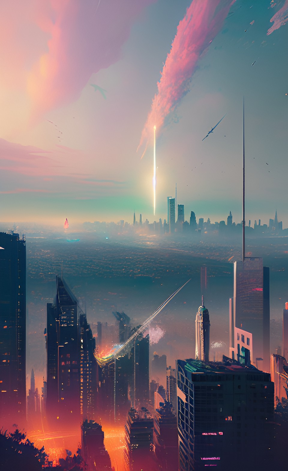 Rain from space - comets in the sky above a city skyline preview