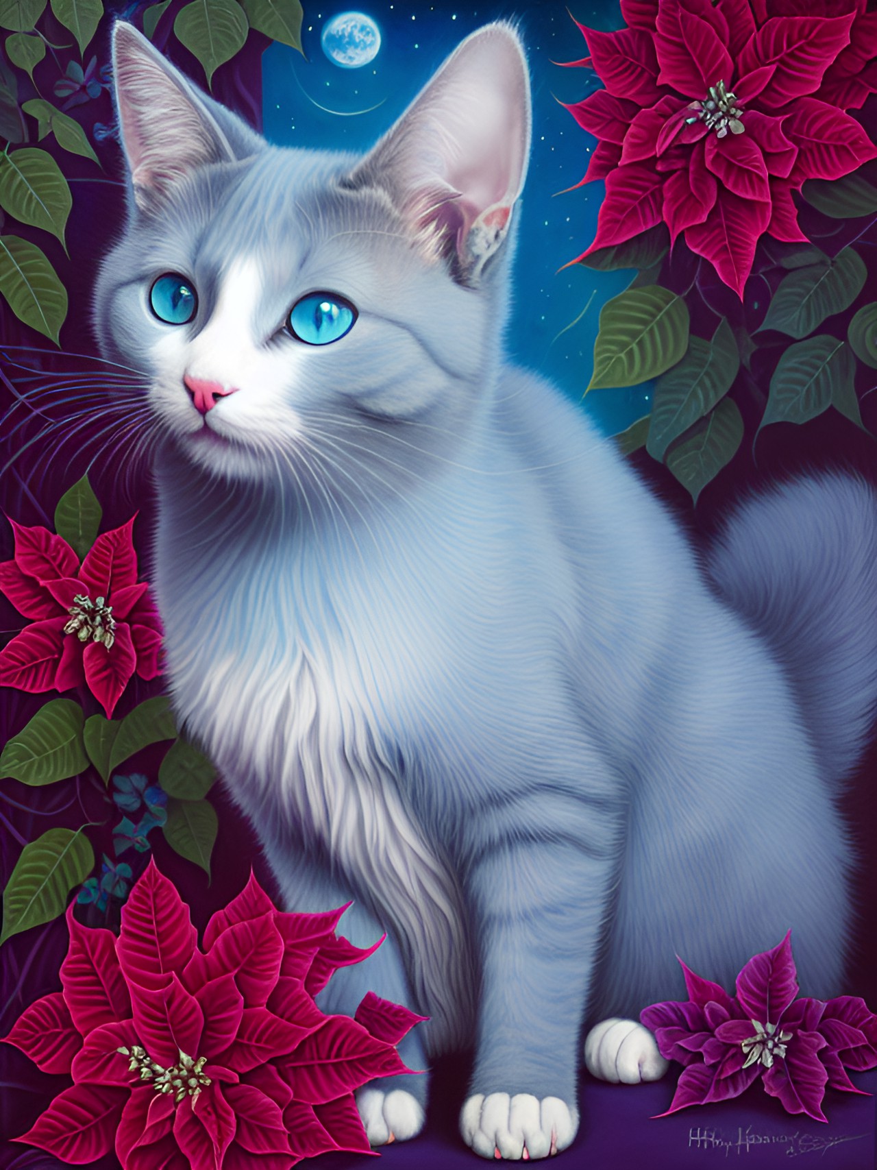 Mistystar - pale blue and grey cat with long fur and a fluffy tail. she is dappled by moonlight and poinsettias preview