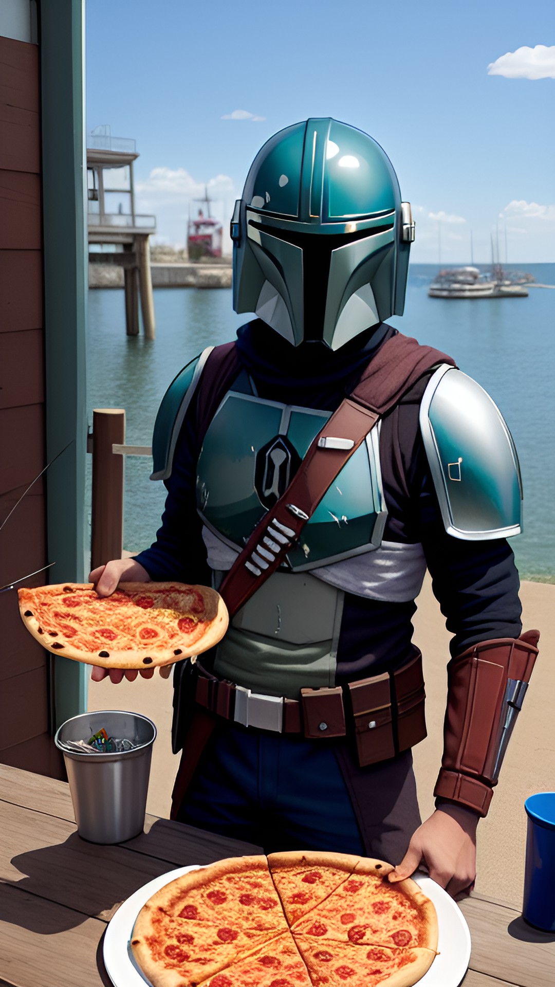 mandalorien mange une pizza devant un port de pêche preview