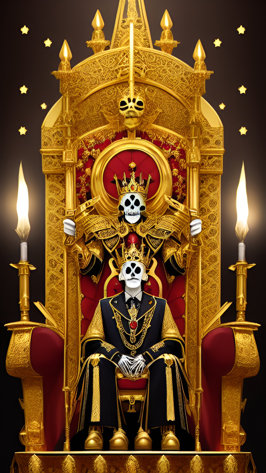 Throne of kings - gold plated throne with skeleton king - a gleaming gold plated throne with intricate engravings, occupied by a fearsome skeleton king adorned in jewels and holding a scepter with glowing red eyes." preview