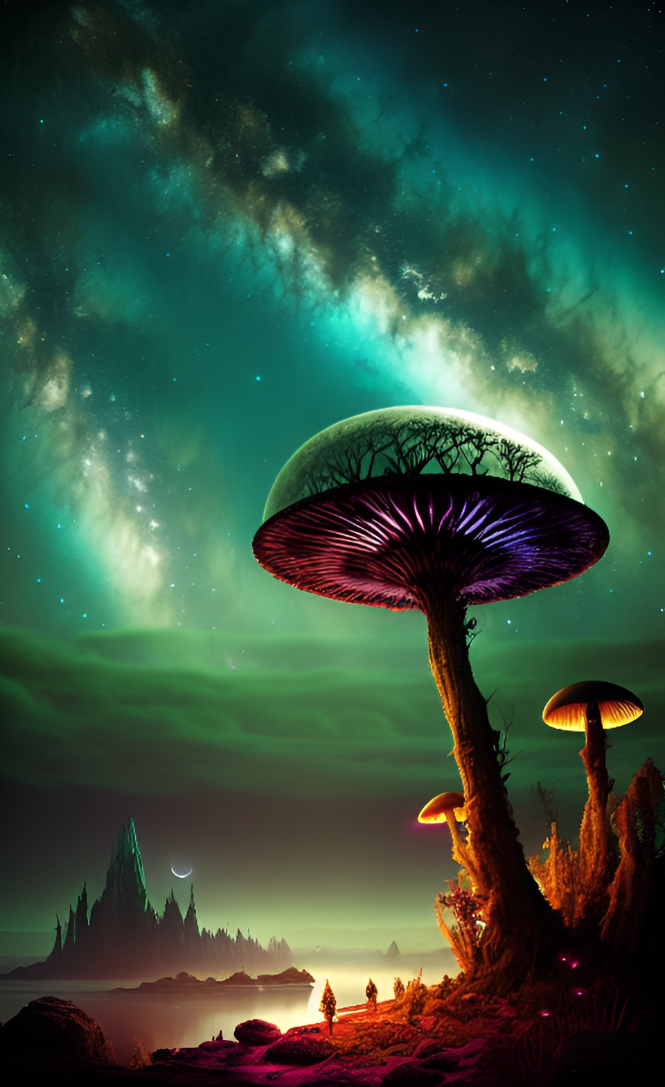 Planète Alien - alien landscape with floating islands, alien vegetation, bioluminescent mushrooms, strange alien flowers and plants. the sky is full of stars, with multiple moons and ring planets. highly detailed, hd preview