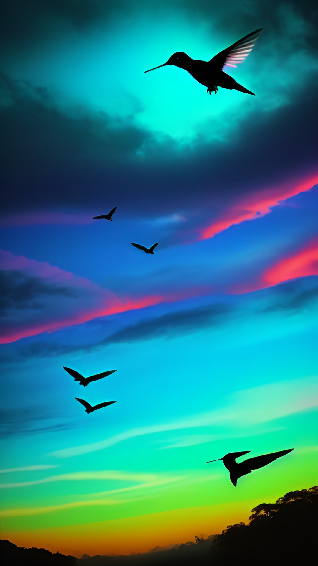 Midnight - flying hummingbirds. blue an green sunset. dark. misty. rainforest. sky. midnight. preview