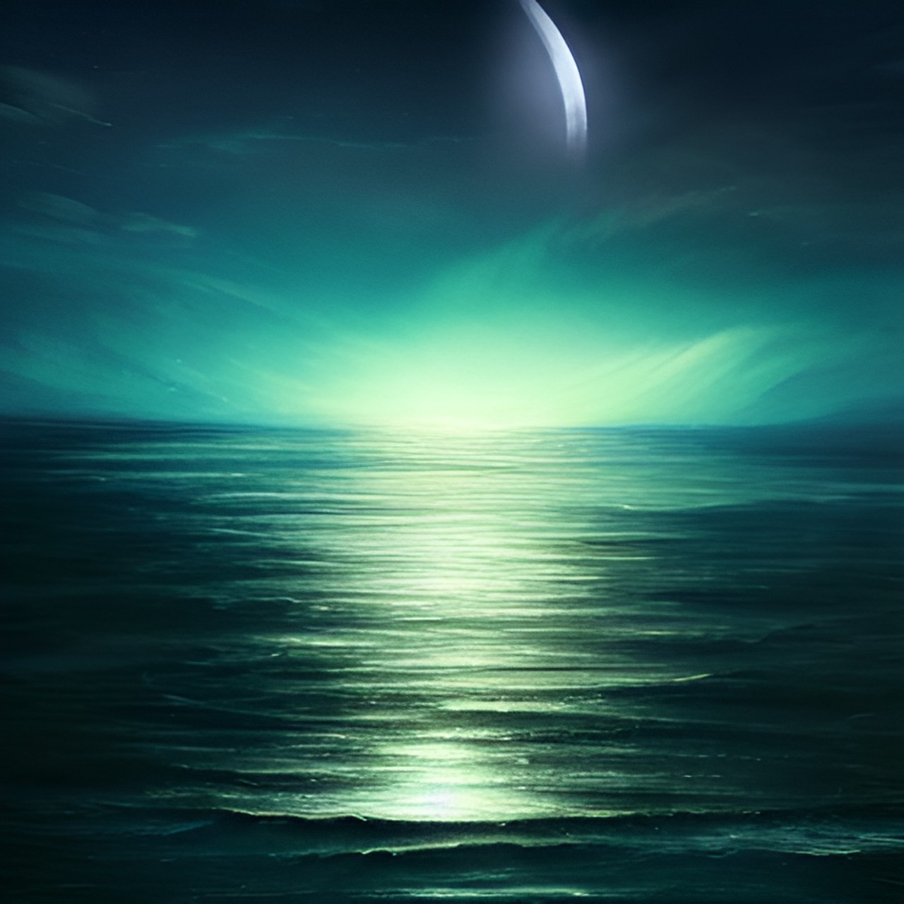 moon light over a dark ocean  - the moon casting a soft, silver glow over the dark ocean waters, coming up out of the water, seashore preview