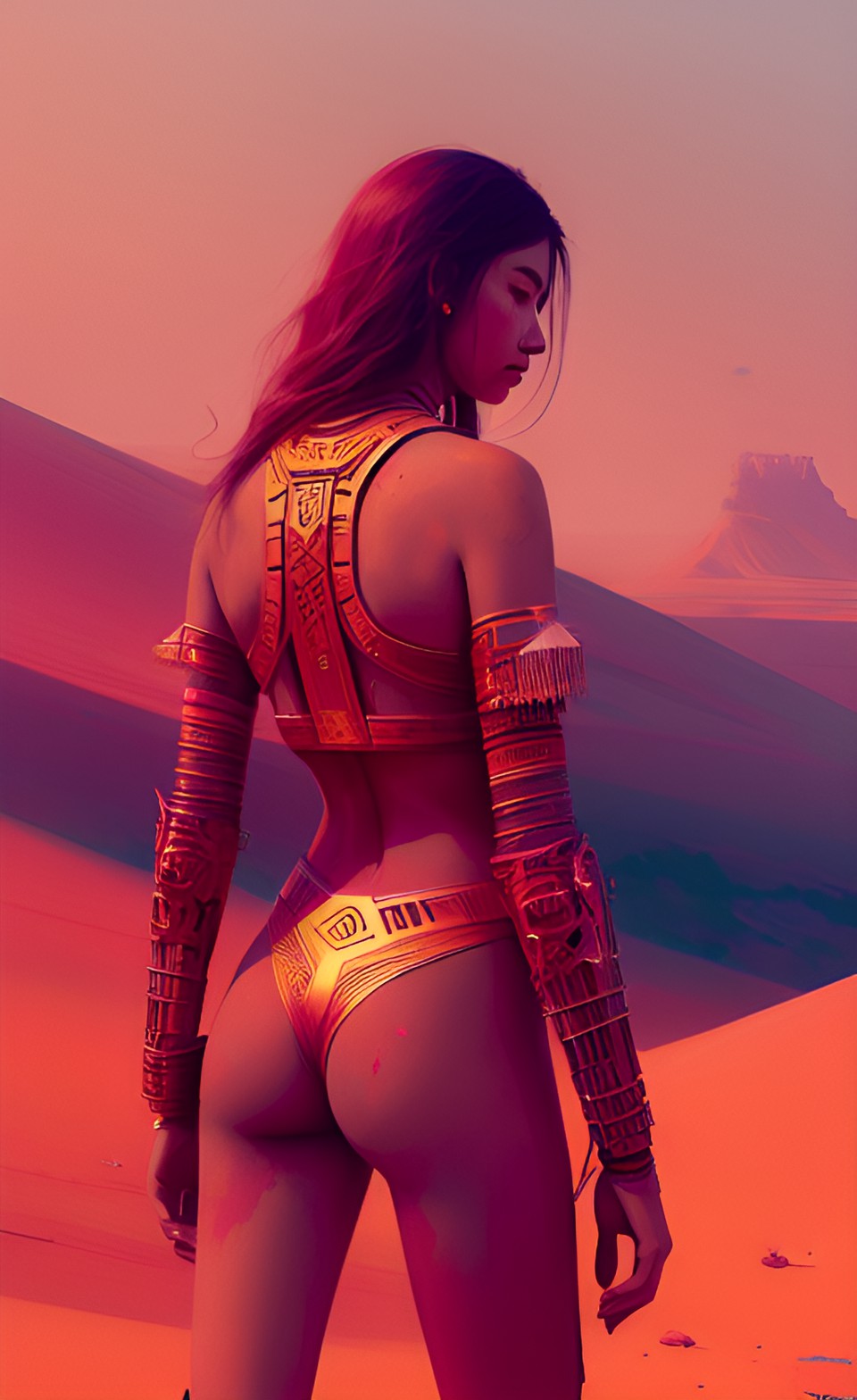 buxom warrior princess, light orange-red metallic skin, red desert, pink sky preview