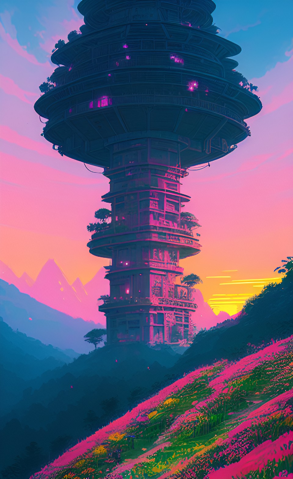 hidden village in the mountains futuristic city field of flowers ancient jungle temple pink sunset preview