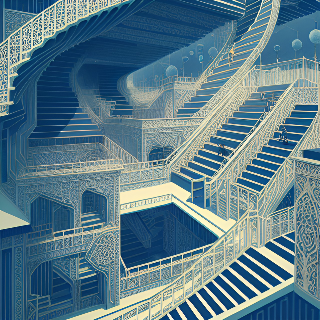 in the style of maurits cornelus escher, highly detailed, stairs going up and down. preview