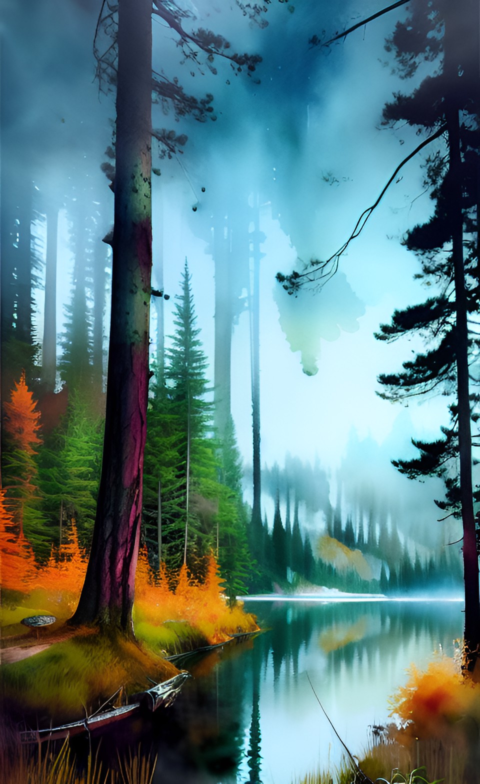 pine tree near a lake, vfx v2 style, realistic, watercolor preview