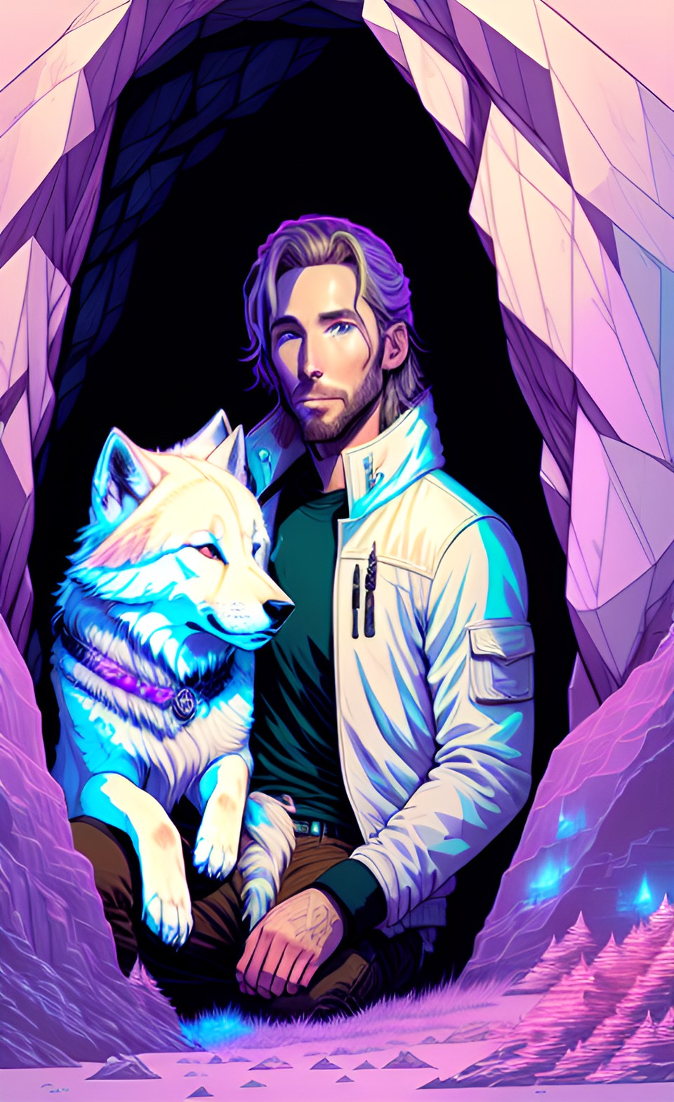 troy baker holding a cave with a white wolf pup preview