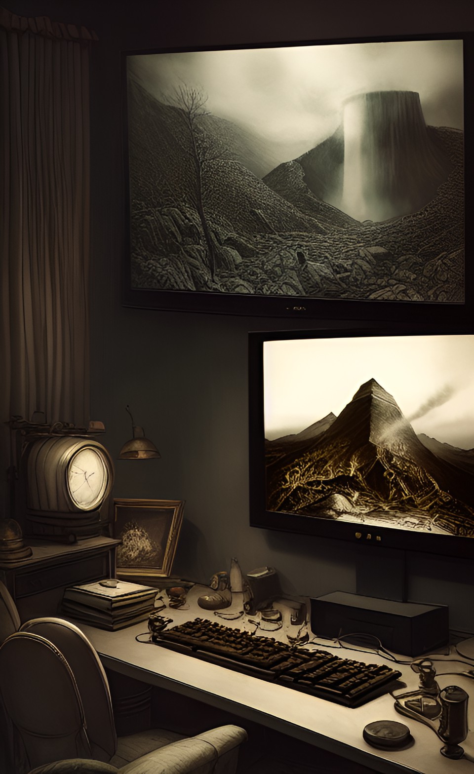 old 1920s compuer on vintage room,still life,"twin peaks" on screen,hyper detailed,dark dull pale reduced pastel colors,portrait,by keith parkinson&arthur rackham,hd$sign,duplicate,text$ preview