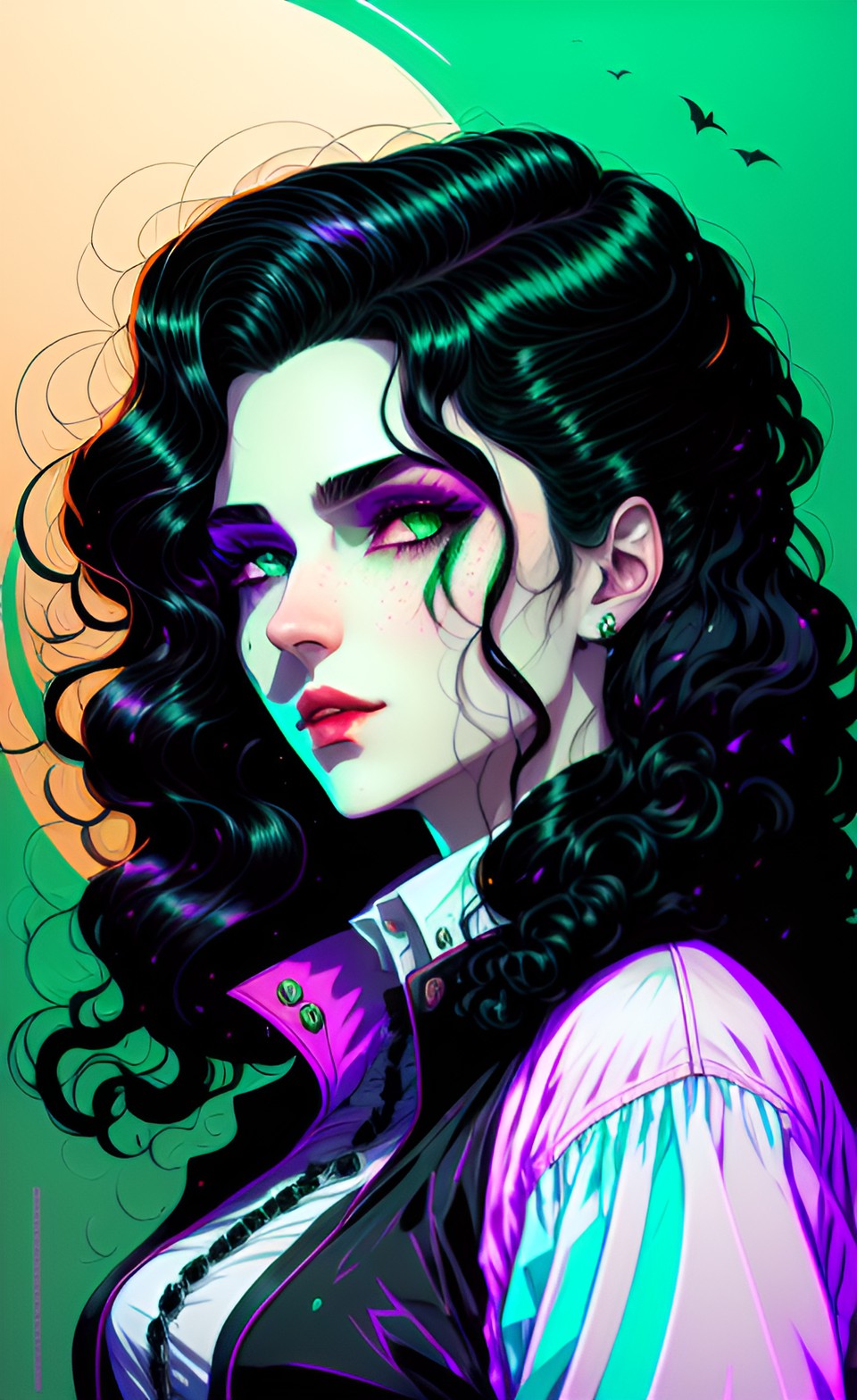 vampire, green eyes, black wavy hair, pale skin preview