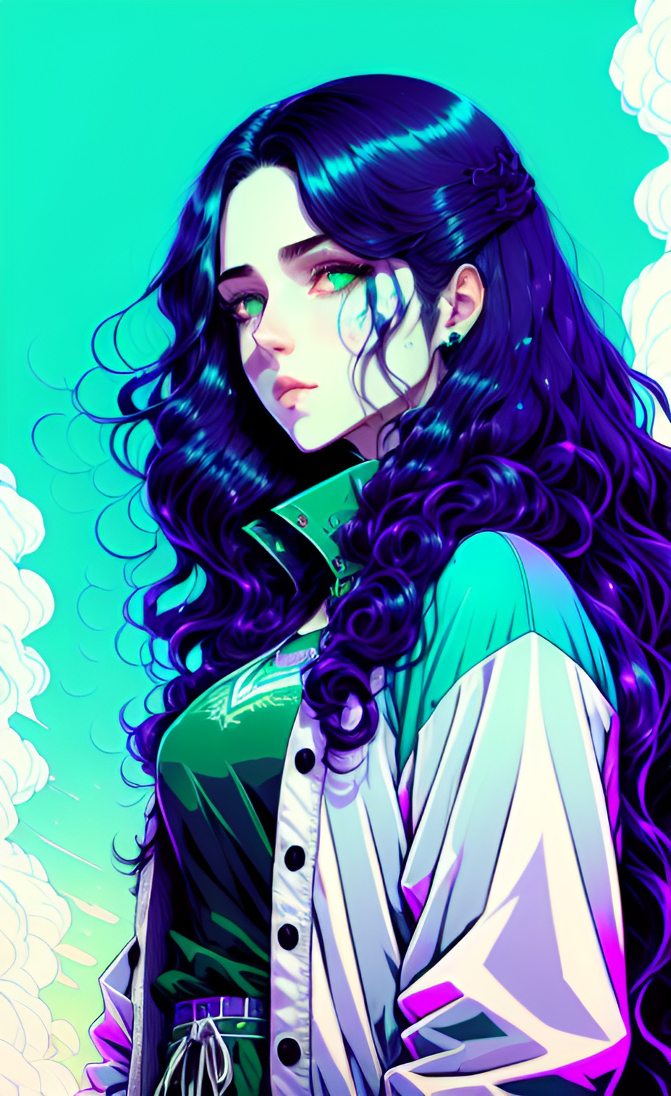 green eyes, vampire, long wavy black hair, pale skin, blue clothes preview