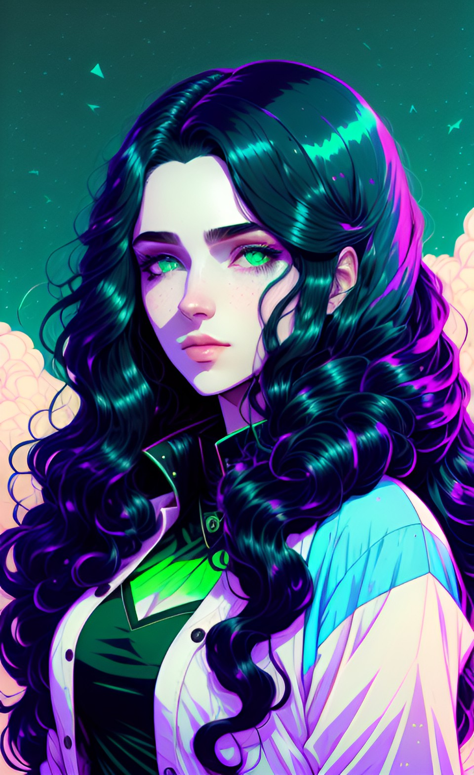 green eyes, vampire, long wavy black hair, pale skin, blue attire preview