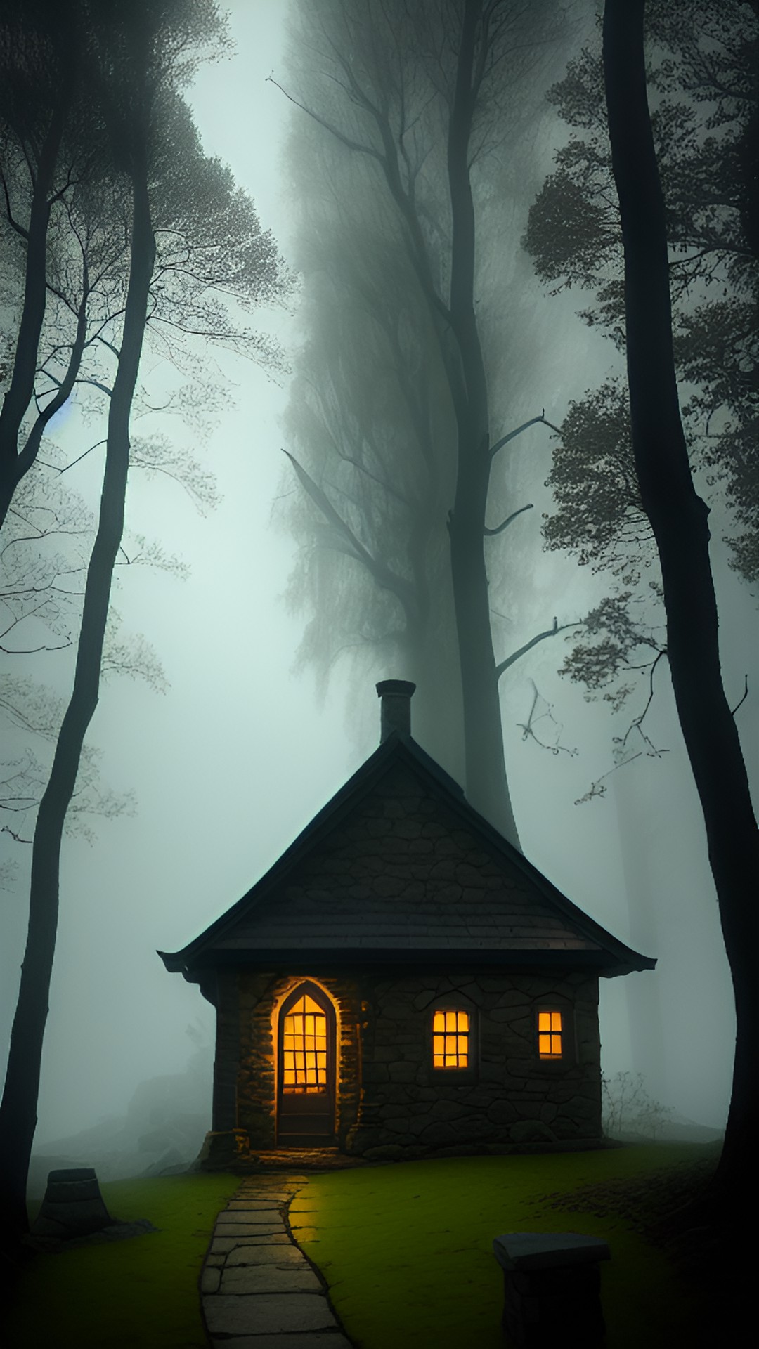 stone cottage in the woods. rainy weather. smoke coming out of the chimney. in the style of fantasy art. - fantasy stone cottage in rainy woods, smoke rising from chimney. moody atmosphere, mossy tr preview