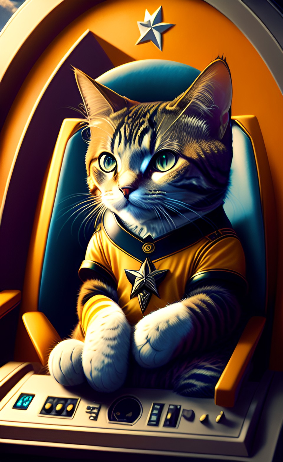 a starfleet captain cat sitting in the captain's chair on the starship bridge preview