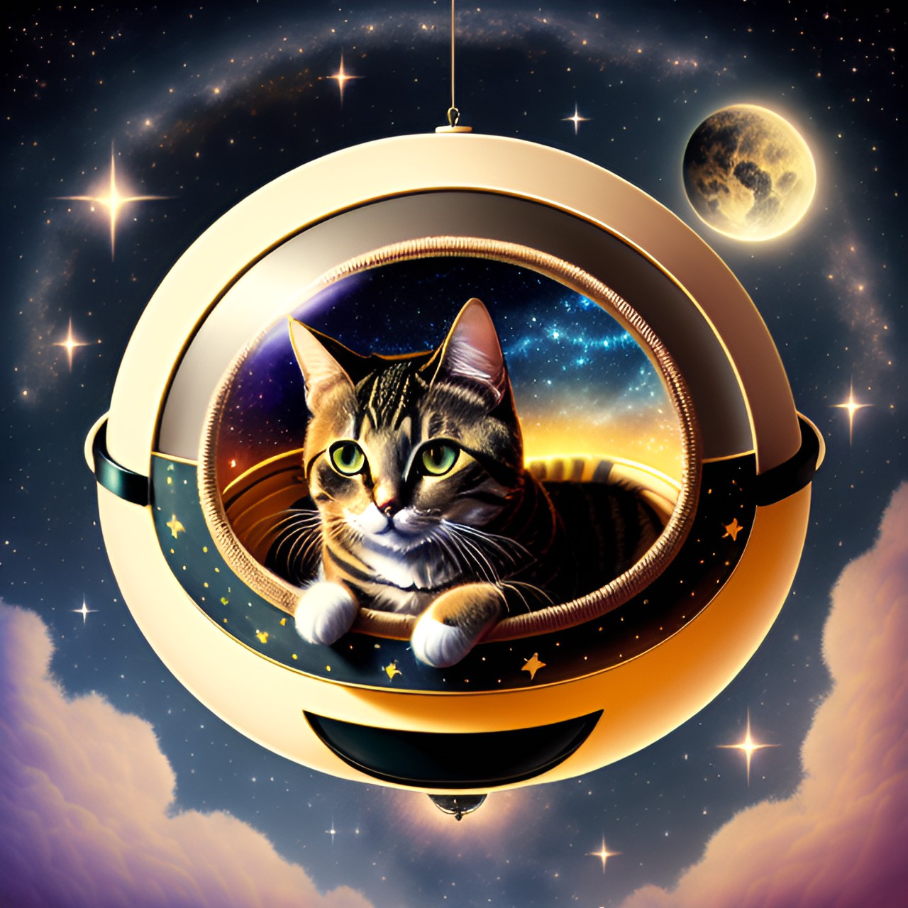 Cat Voyage - cat sitting in a flying saucer, flying in the stars preview