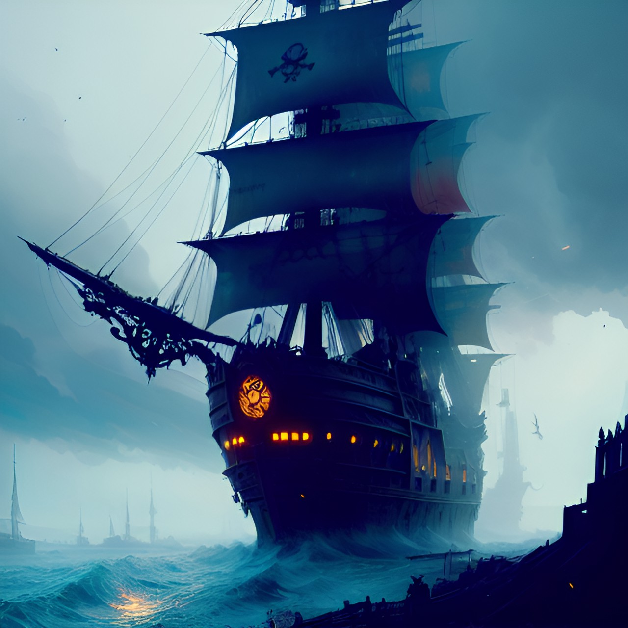 one huge fantasy pirate ship, skulls, storm preview