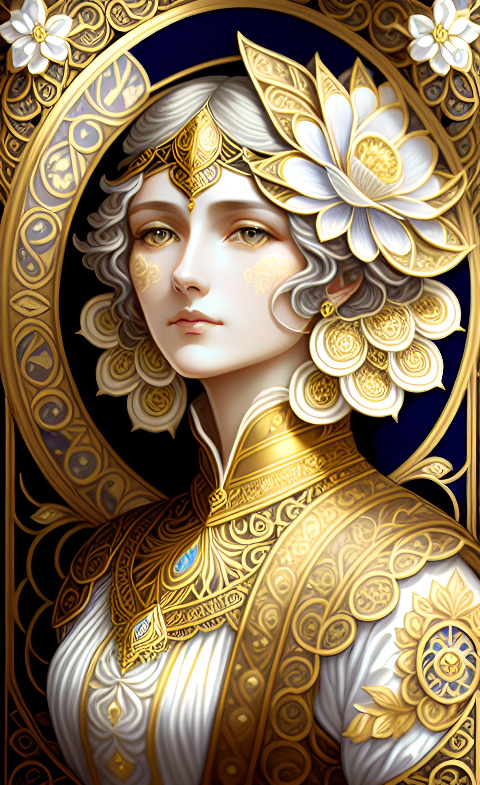 quilling mystical french lady with white and gold flowers, intricate goldfiligree accents, highly detailed, in the style of mucha, detailed portraiture, white and gold,multidimensional shading, detail preview