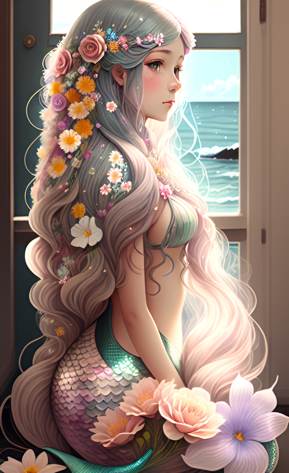 mermaid with very long hair, flowers preview