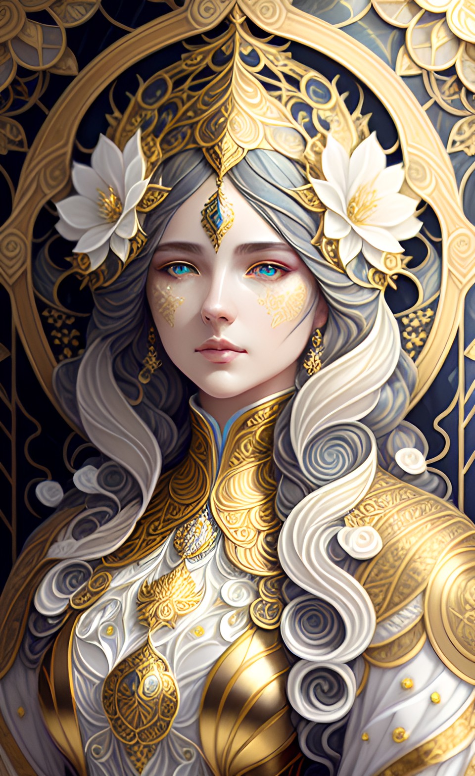 quilling mystical french lady with white and gold flowers, intricate goldfiligree accents, highly detailed, in the style of mucha, detailed portraiture, white and gold,multidimensional shading, detail preview