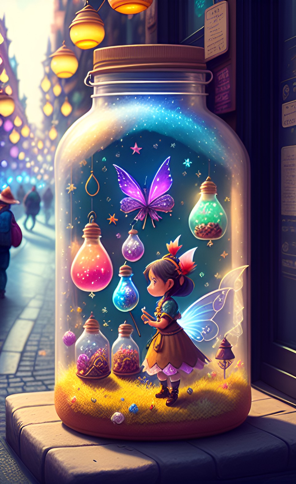 street vendor selling fairies, pixies, and magical wisps in jars preview