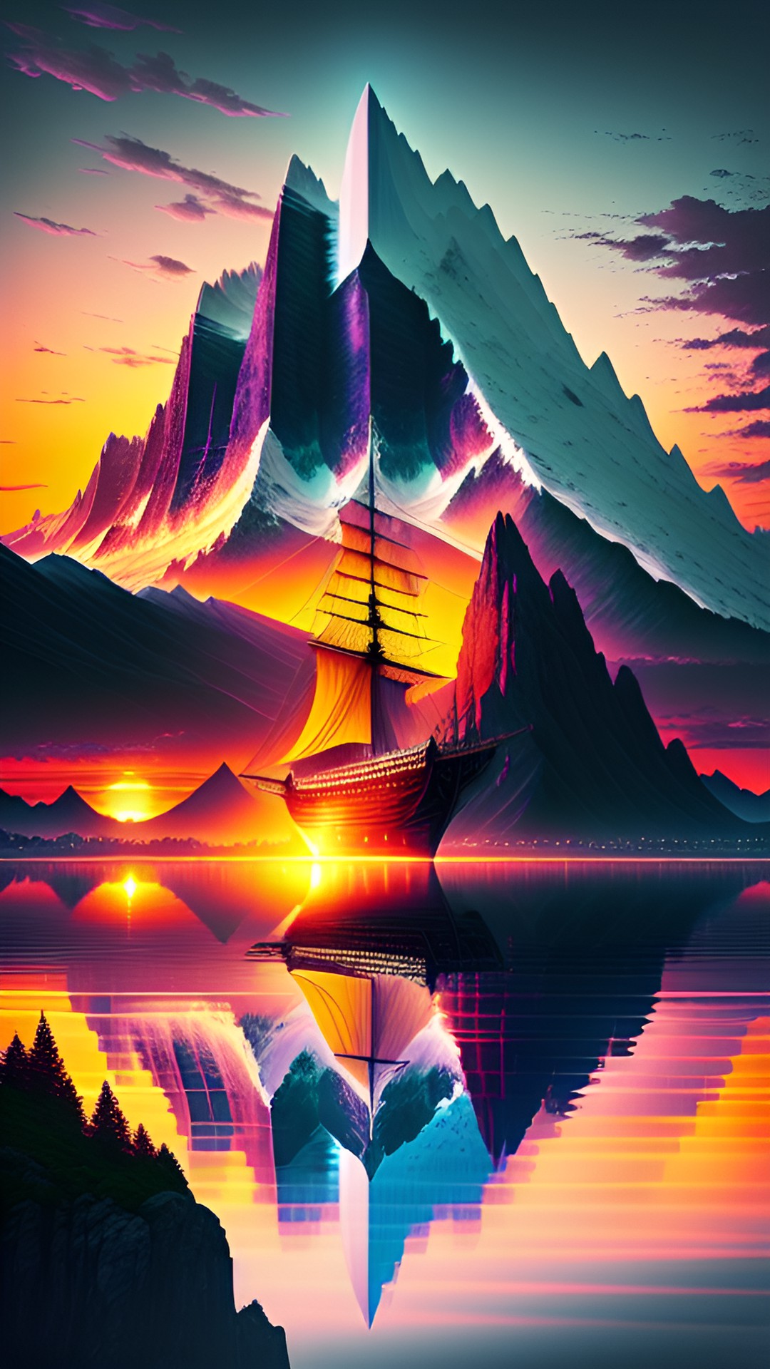 Sun sailing - majestic mountain range with a cascading large waterfall into a lake with a huge sail ship - majestic mountain range with cascading waterfall into a lake. huge sail ship in the distance. serene sunset preview