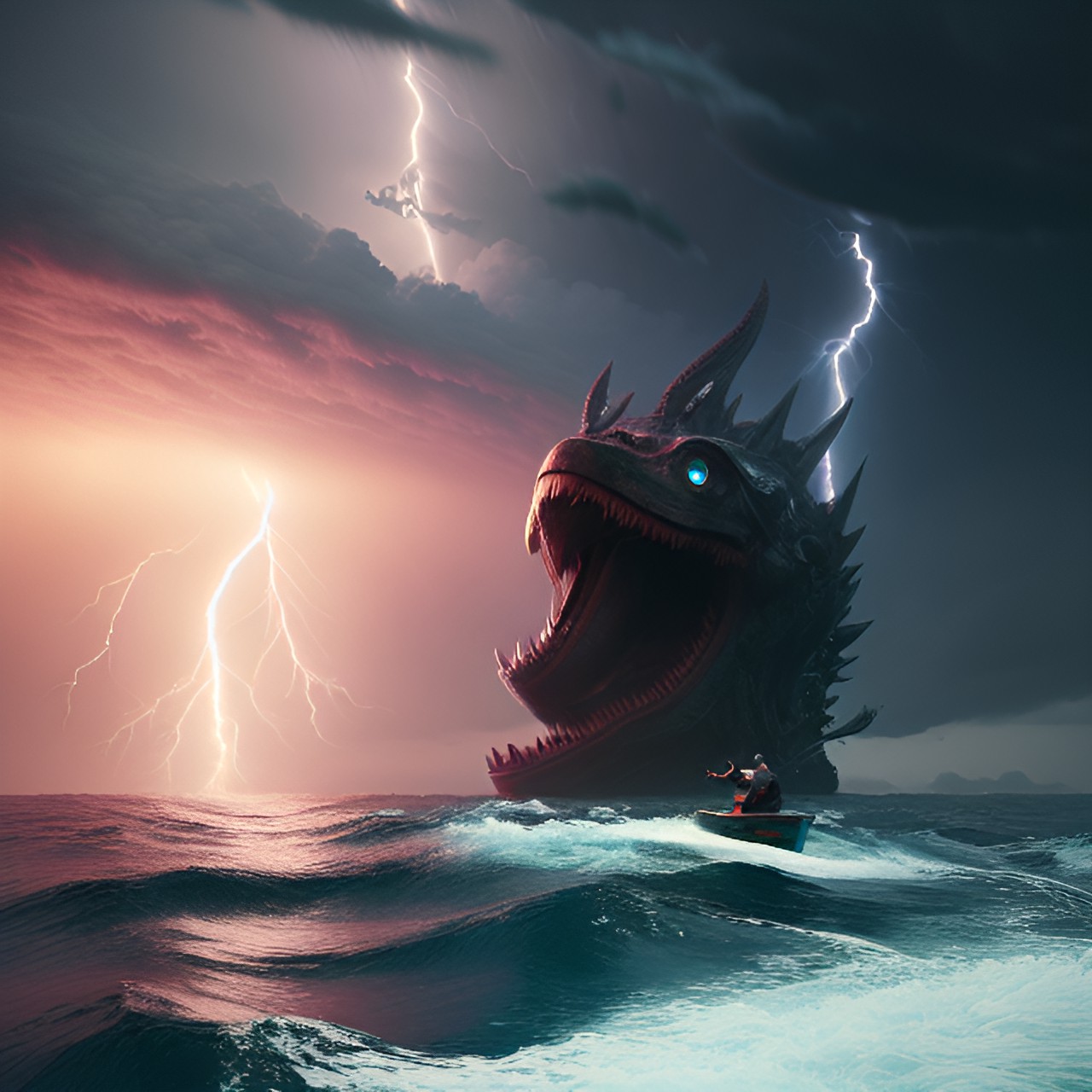 man on a boat in the middle of the ocean with rainy storm and lightning with birds and scary sea monster head sticking out of water preview