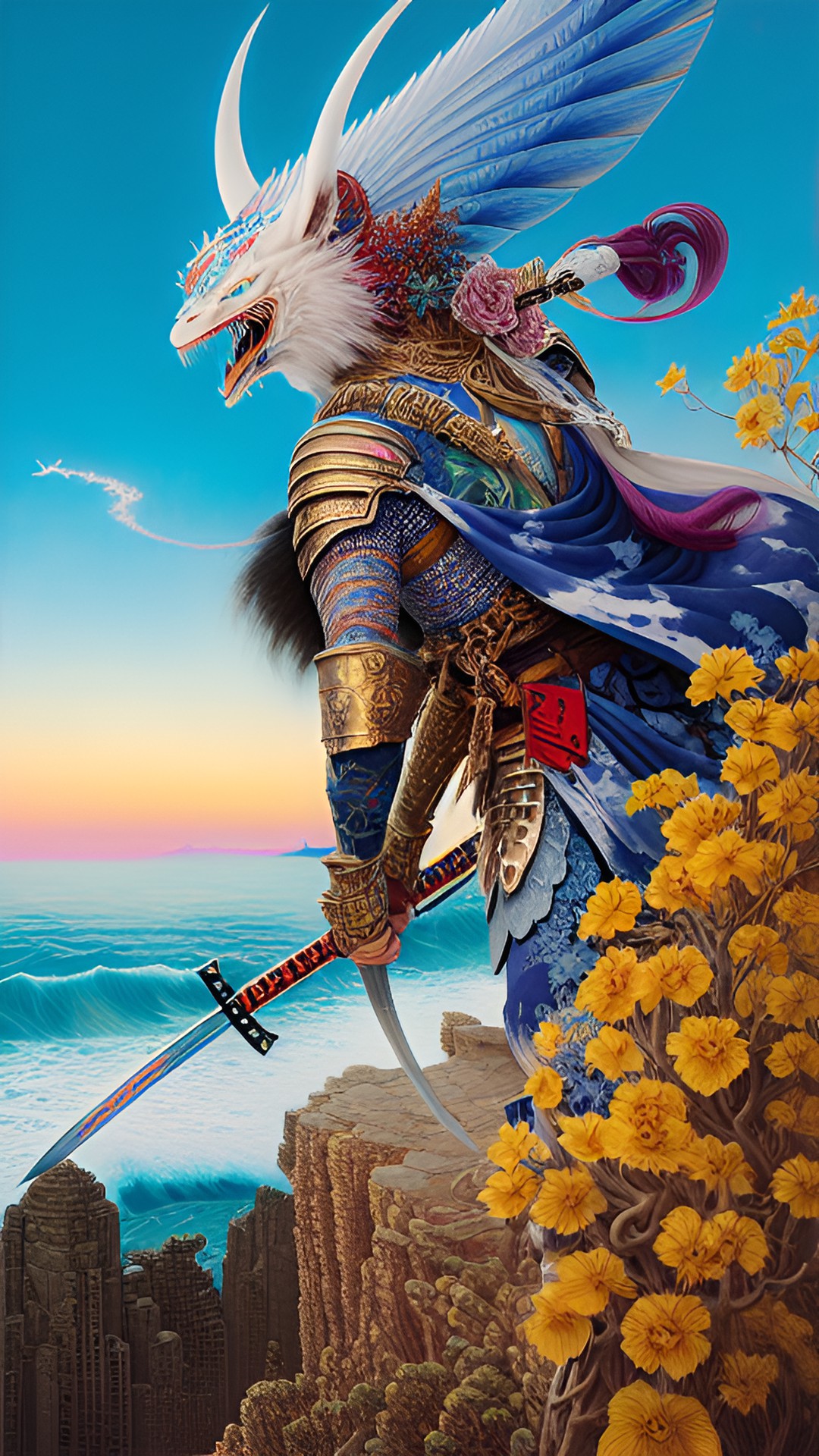 a fierce albino onna musha warrior in full armor, wielding a katana and standing on a cliff overlooking a raging ocean." preview