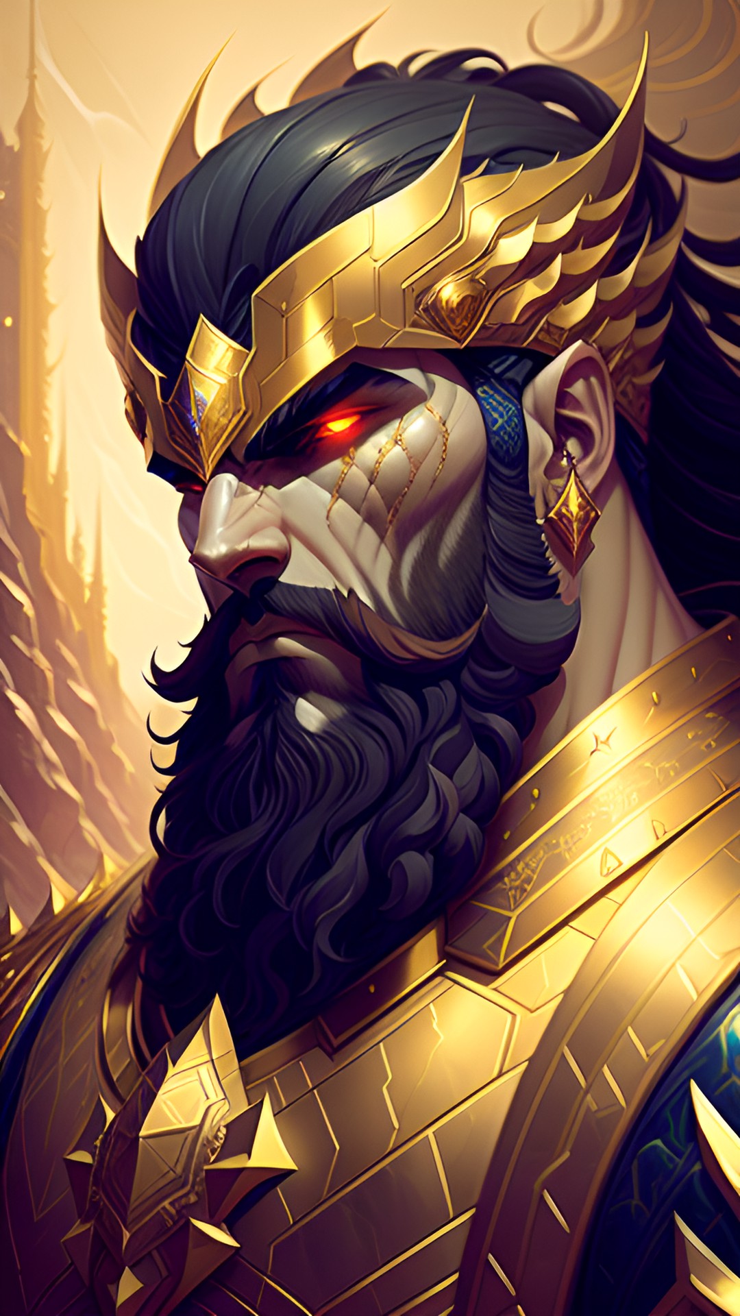 a towering muscular figure, with chiseled features and piercing eyes, adorned in golden armor, beard preview