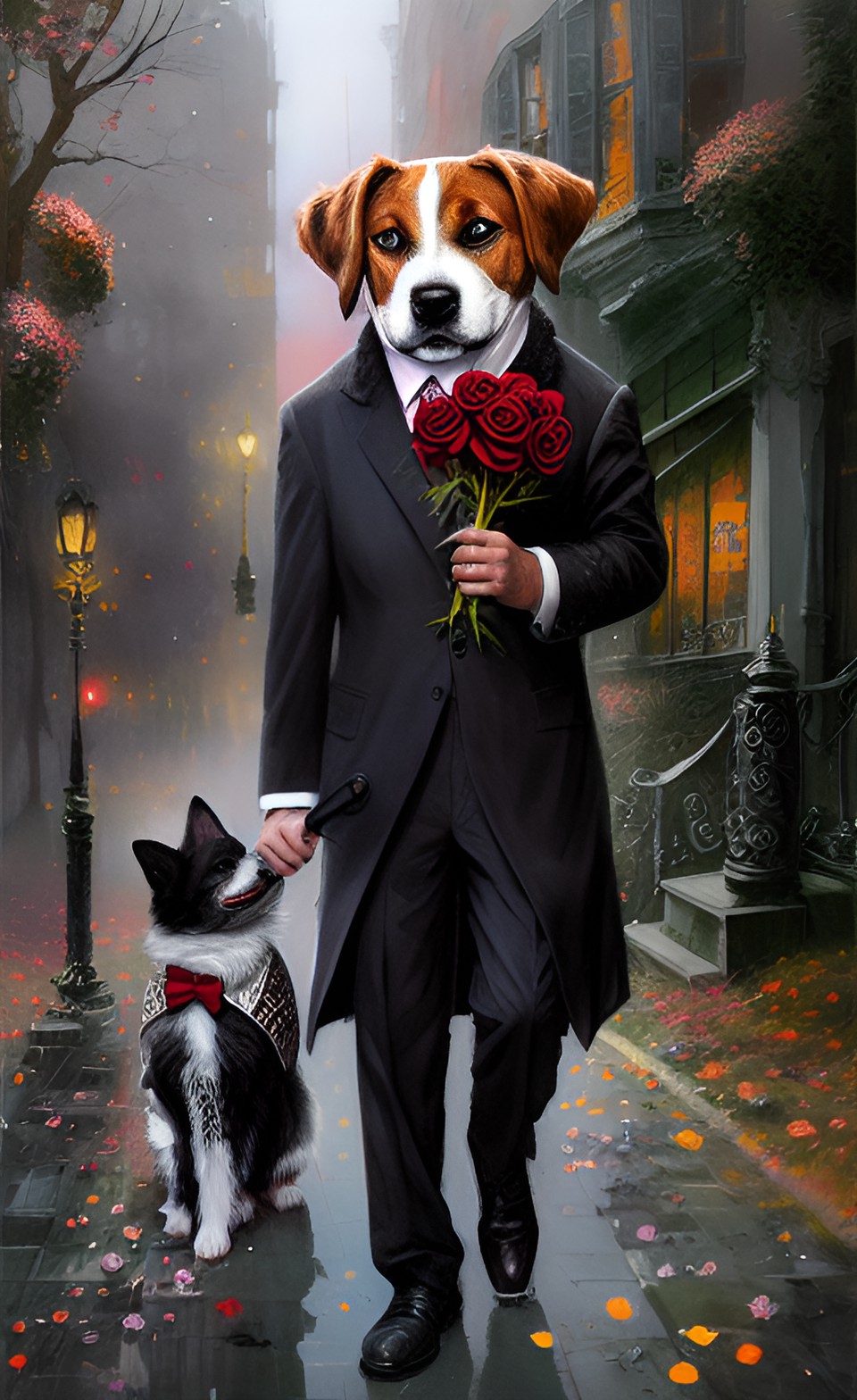 dog wearing a suit and holding a rose in a hand preview