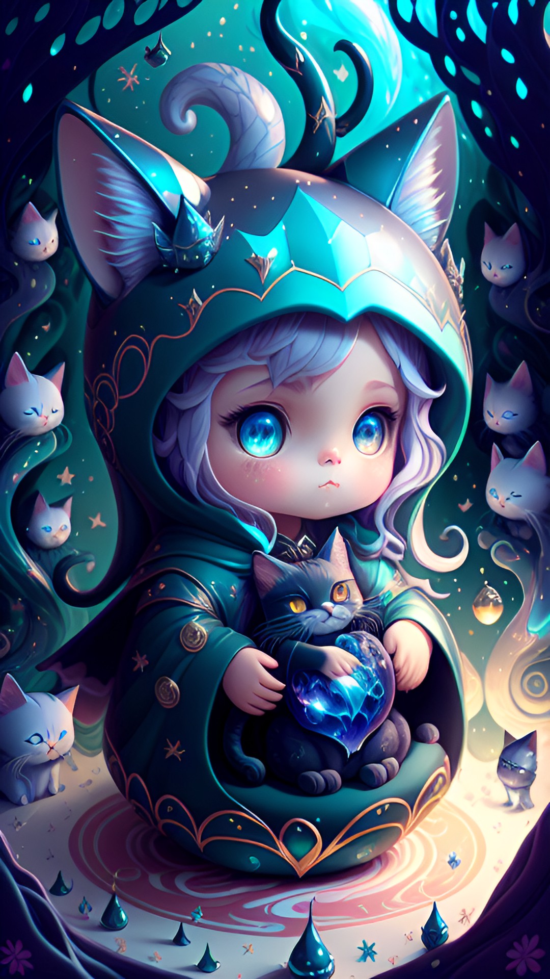 cute small witch adorable surrounded by fairies and cat preview