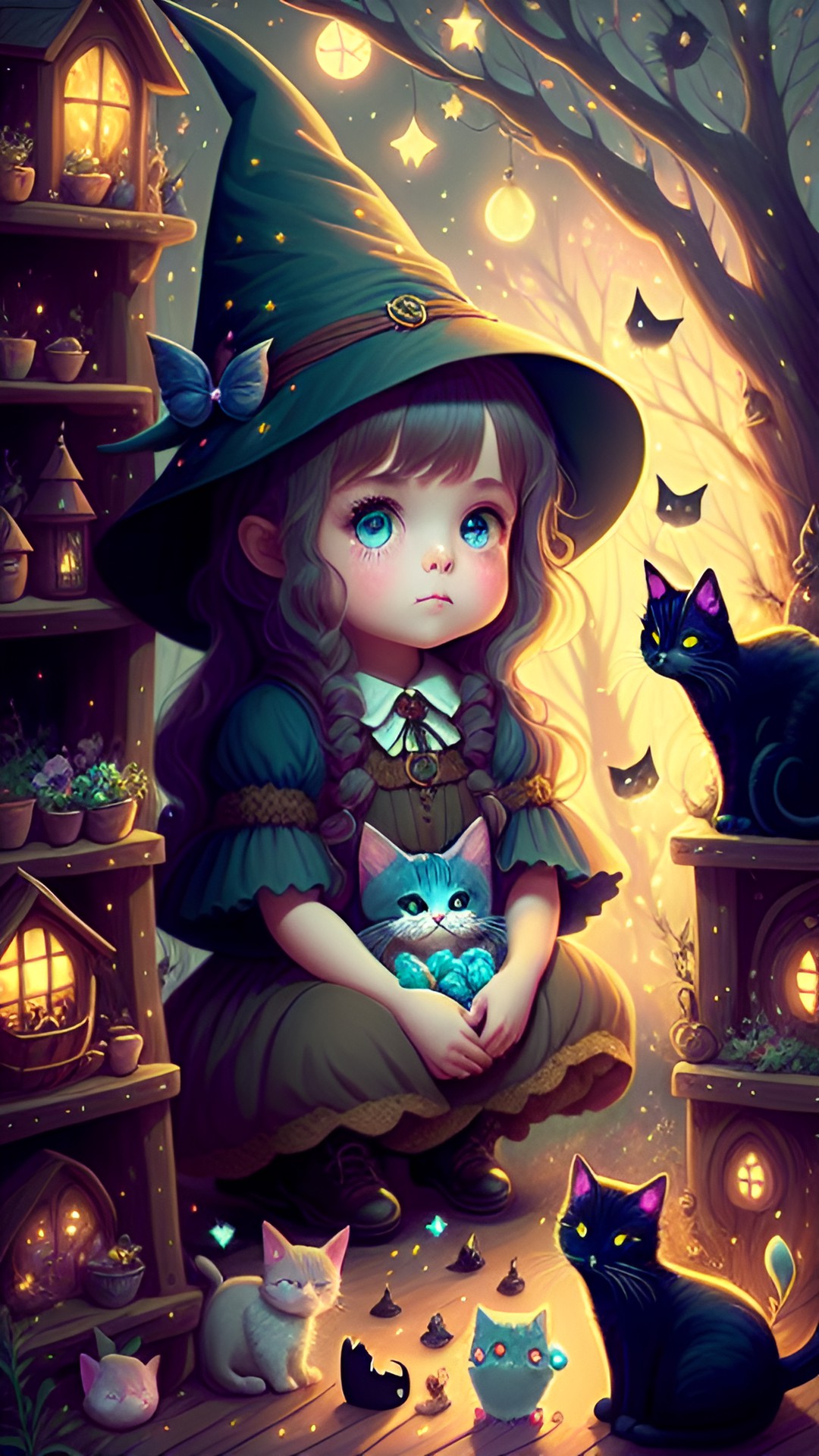 cute small witch adorable surrounded by fairies and cat preview