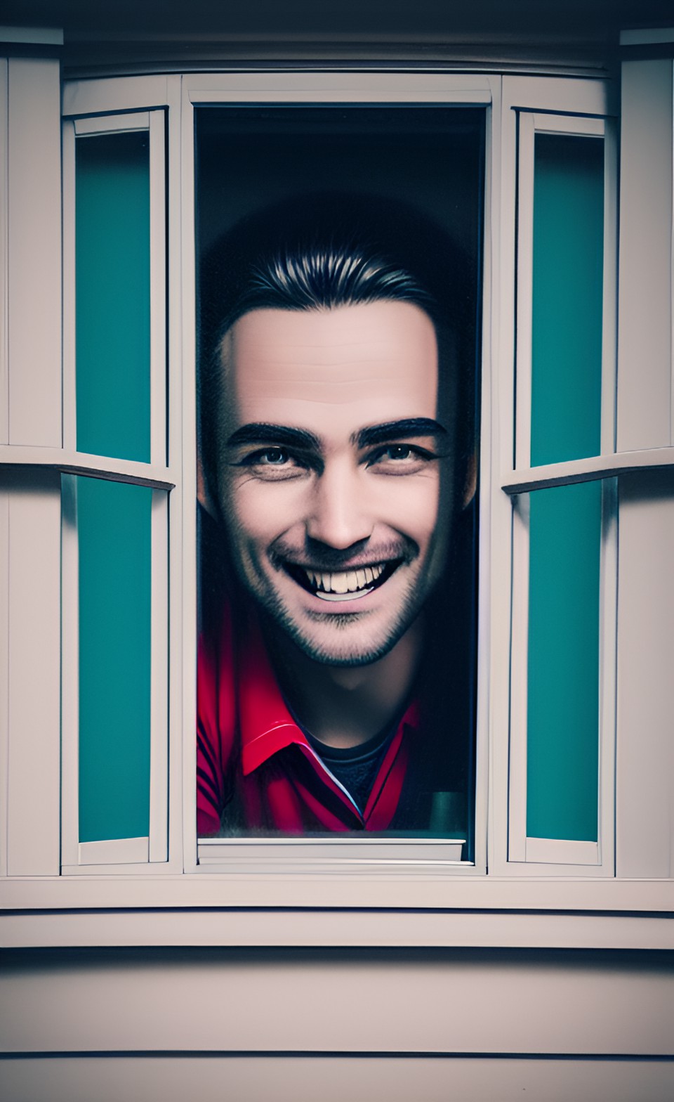 horrific smiling man in a window, dark preview