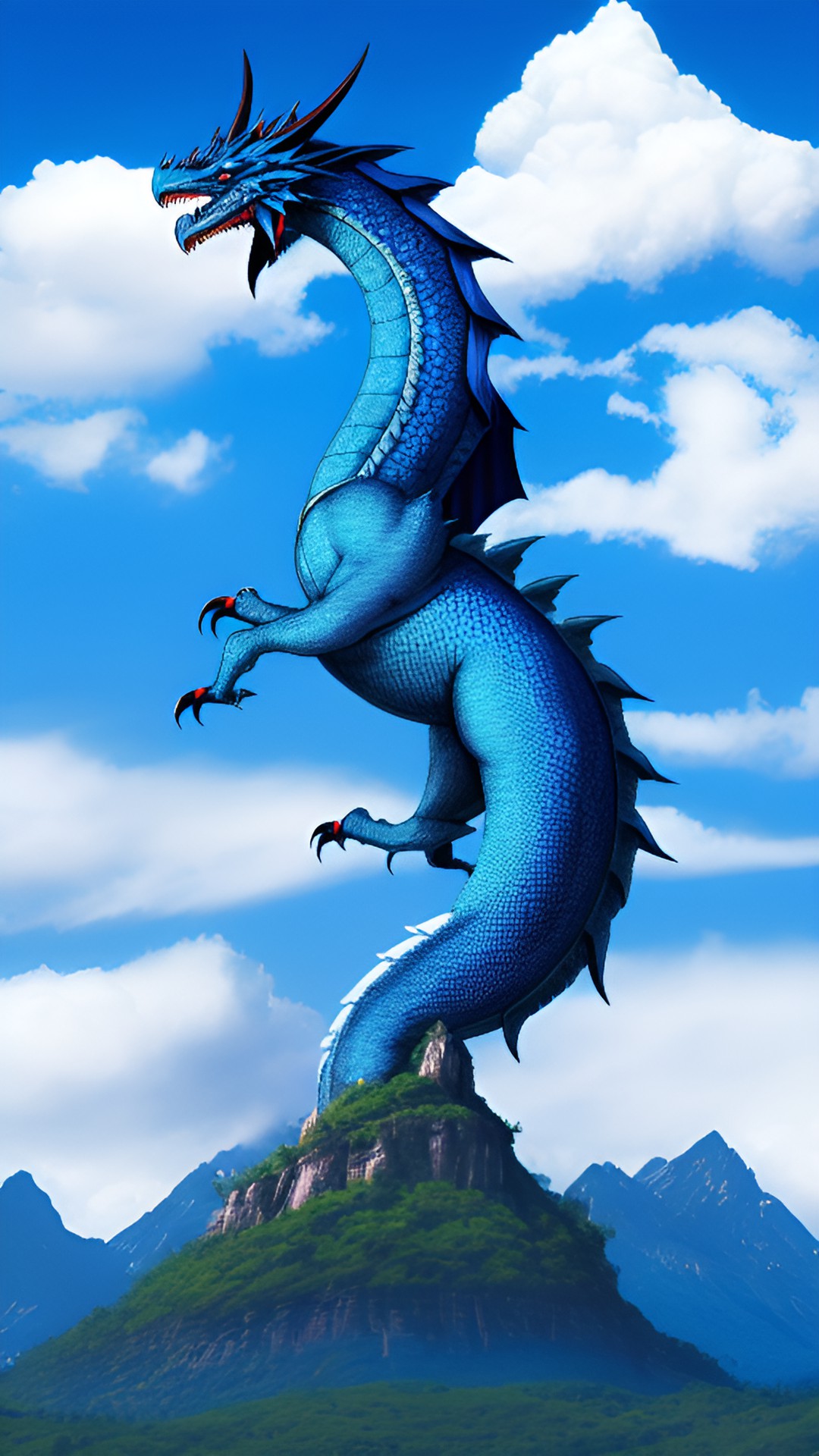 Belio the sea dragon - giant blue dragon next to a mountain with 1 head and 3 tails preview