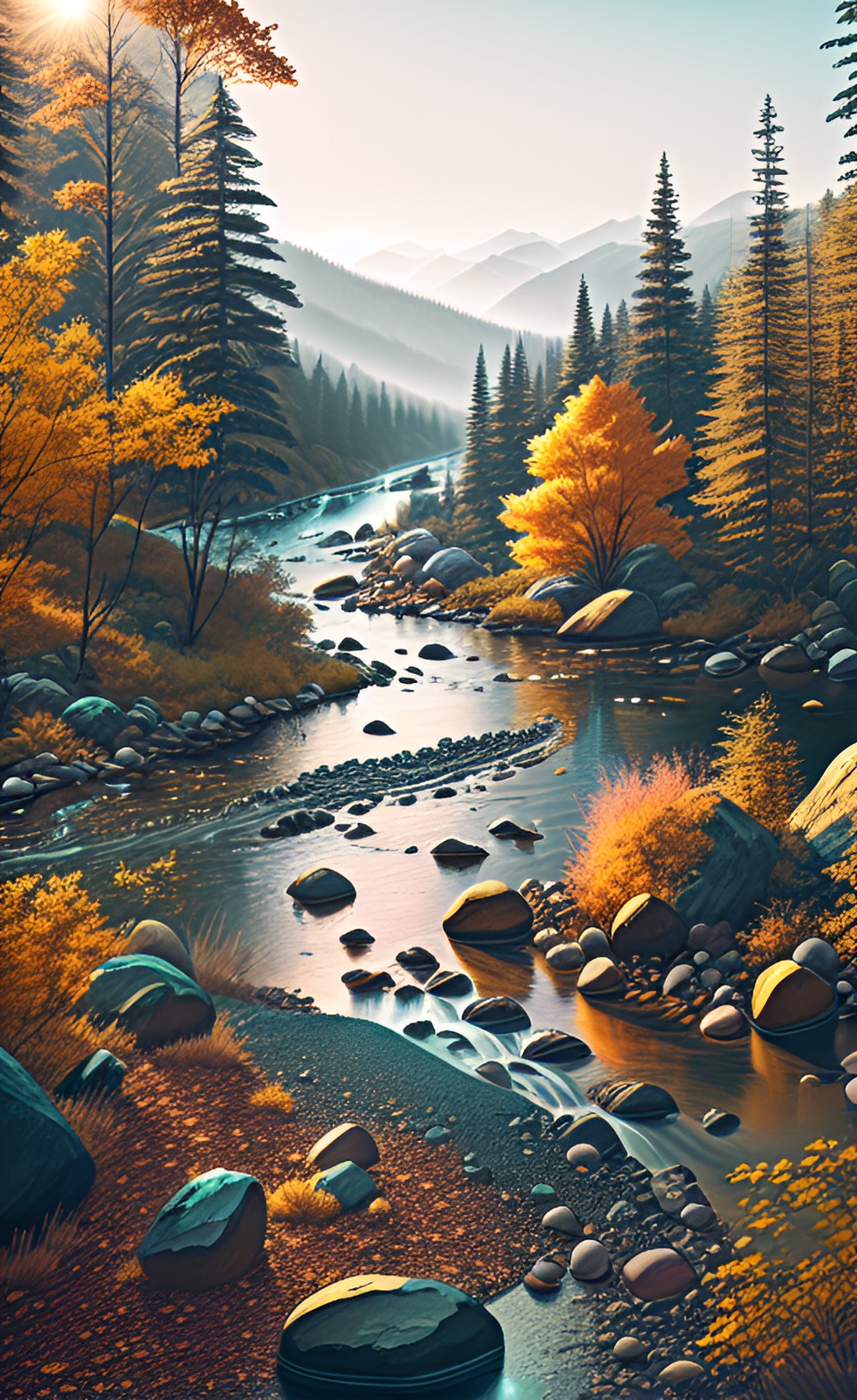 river with rocks, forest, sunlight preview