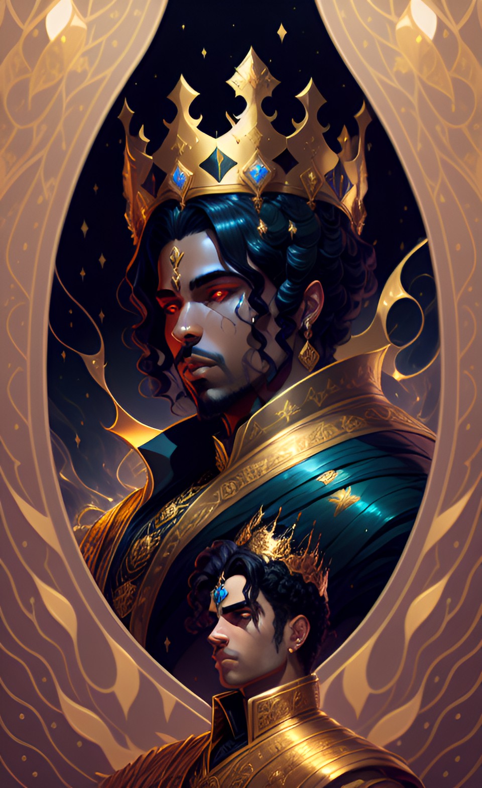 prince of the void, black hair, golden crown, talking to his servant preview